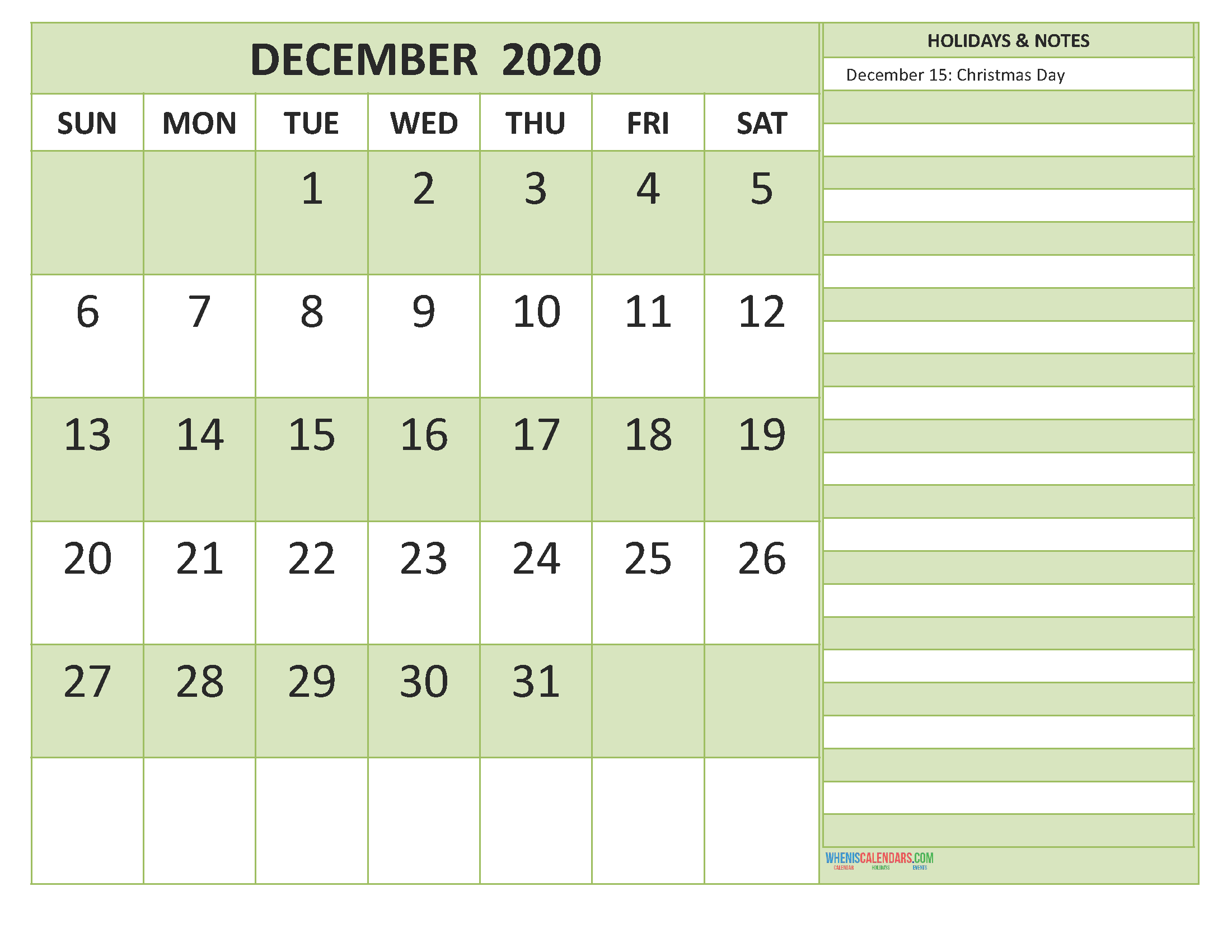December 2020 Calendar with Holidays Free Printable by Word