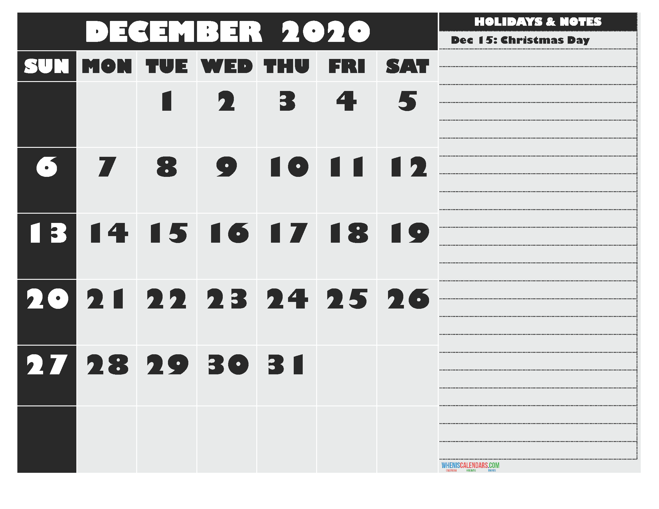 Free Printable 2020 Monthly Calendar with Holidays December