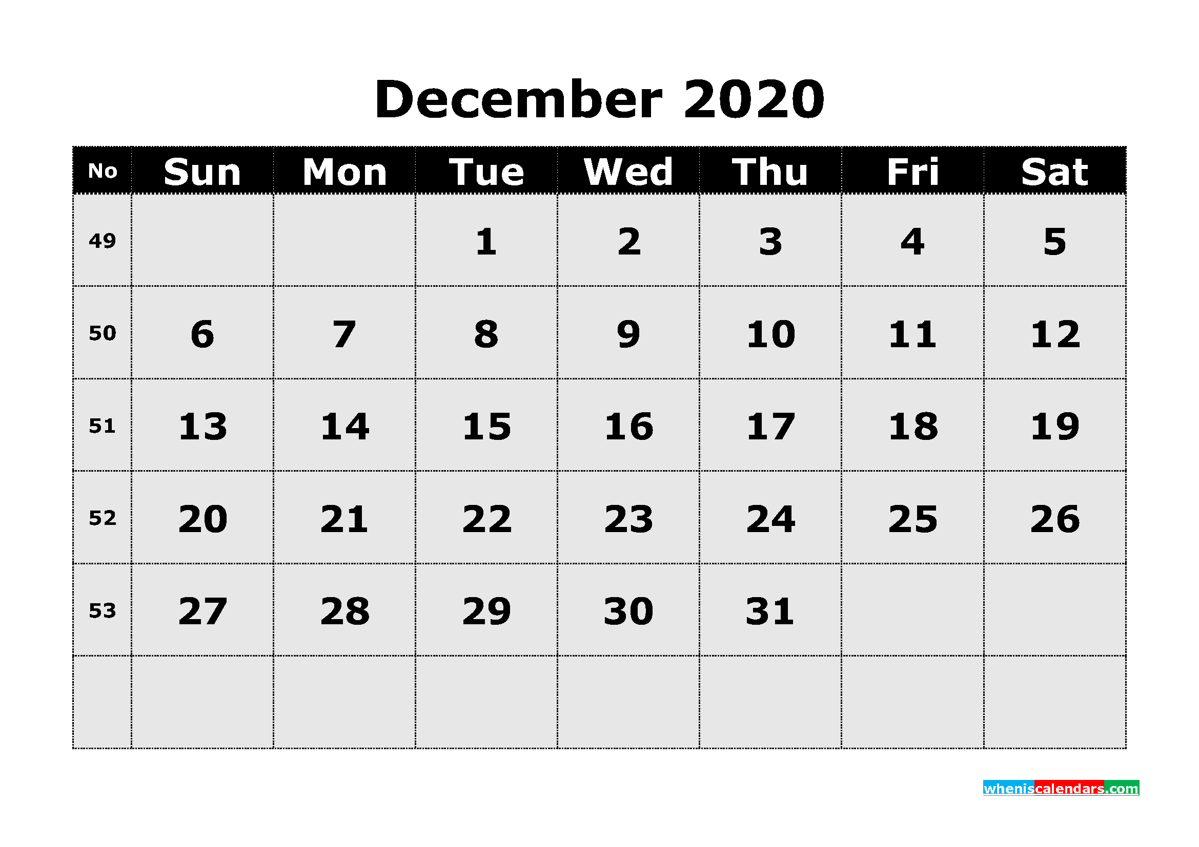 Free Printable December 2020 Calendar Template Word