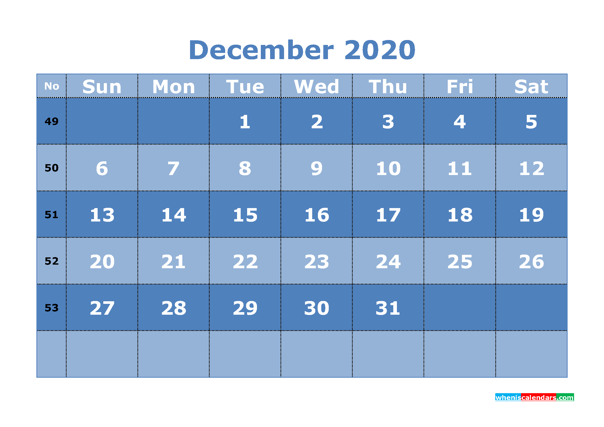 Printable December 2020 Calendar Template Word, PDF