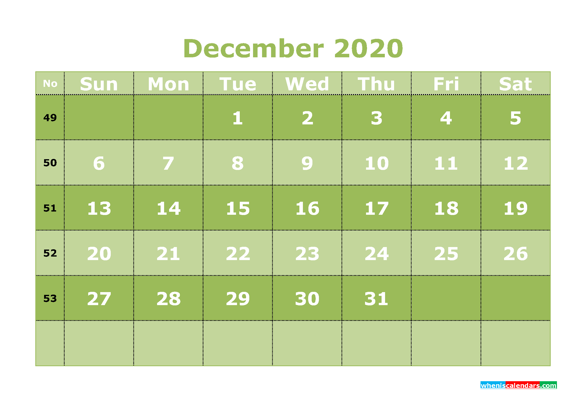 Free Printable December 2020 Calendar Word, PDF