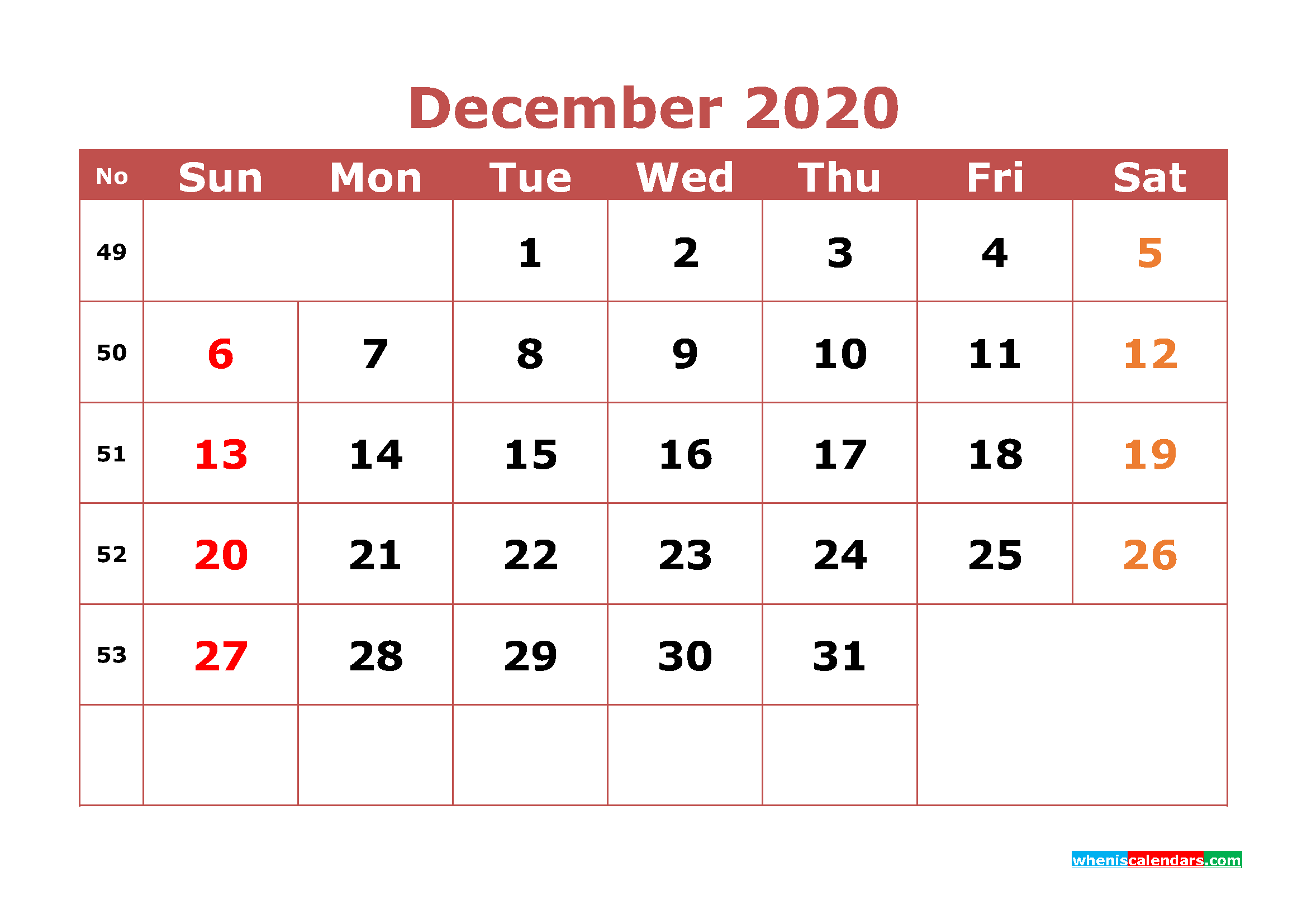 Free Printable December 2020 Calendar Word, PDF