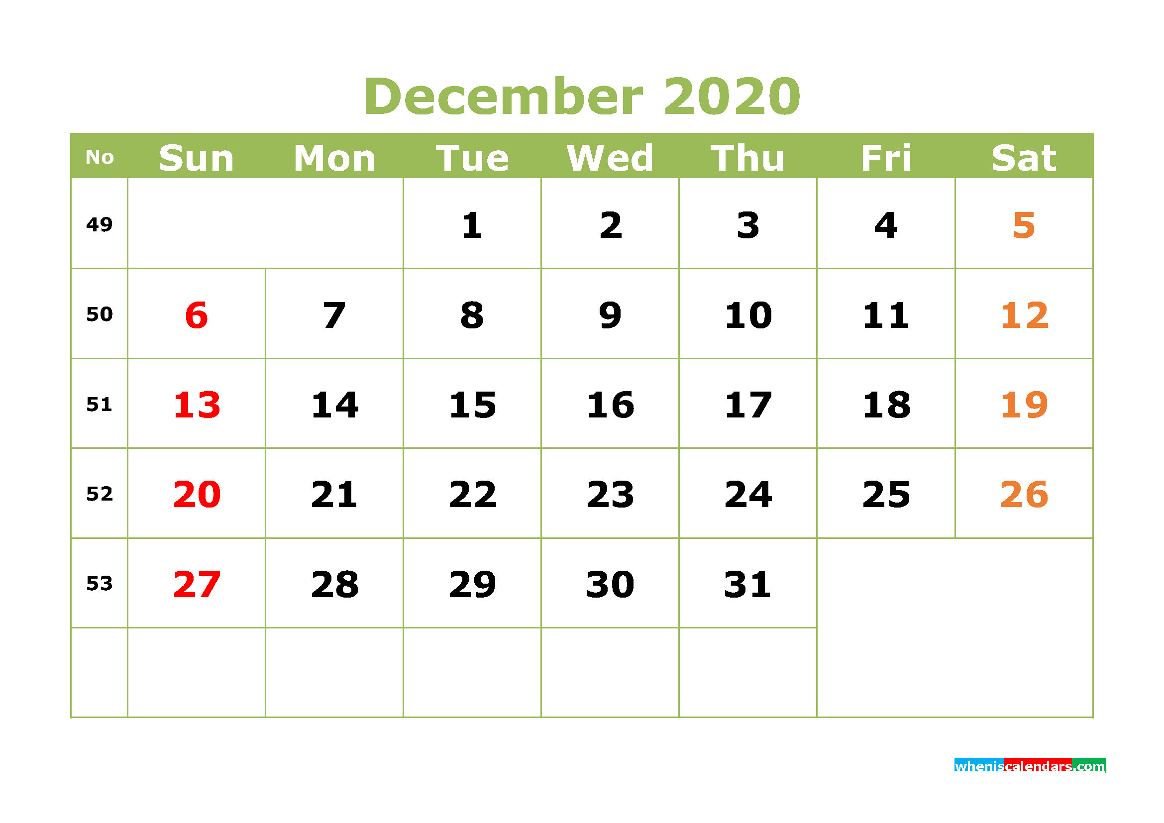 Printable December 2020 Calendar with Week Numbers