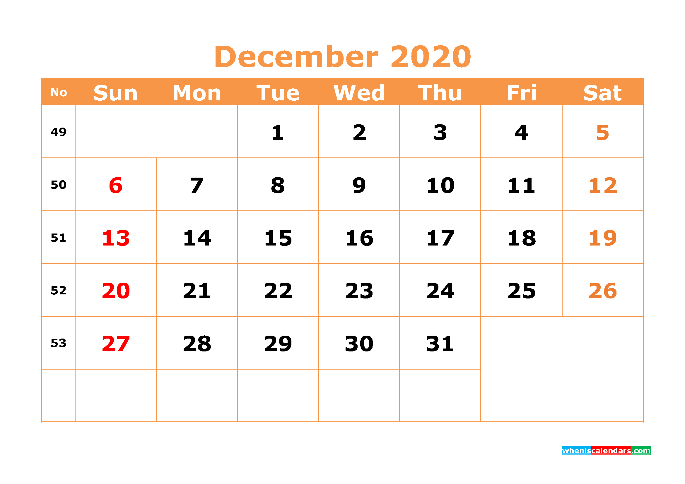 Printable December 2020 Calendar Template Word, PDF