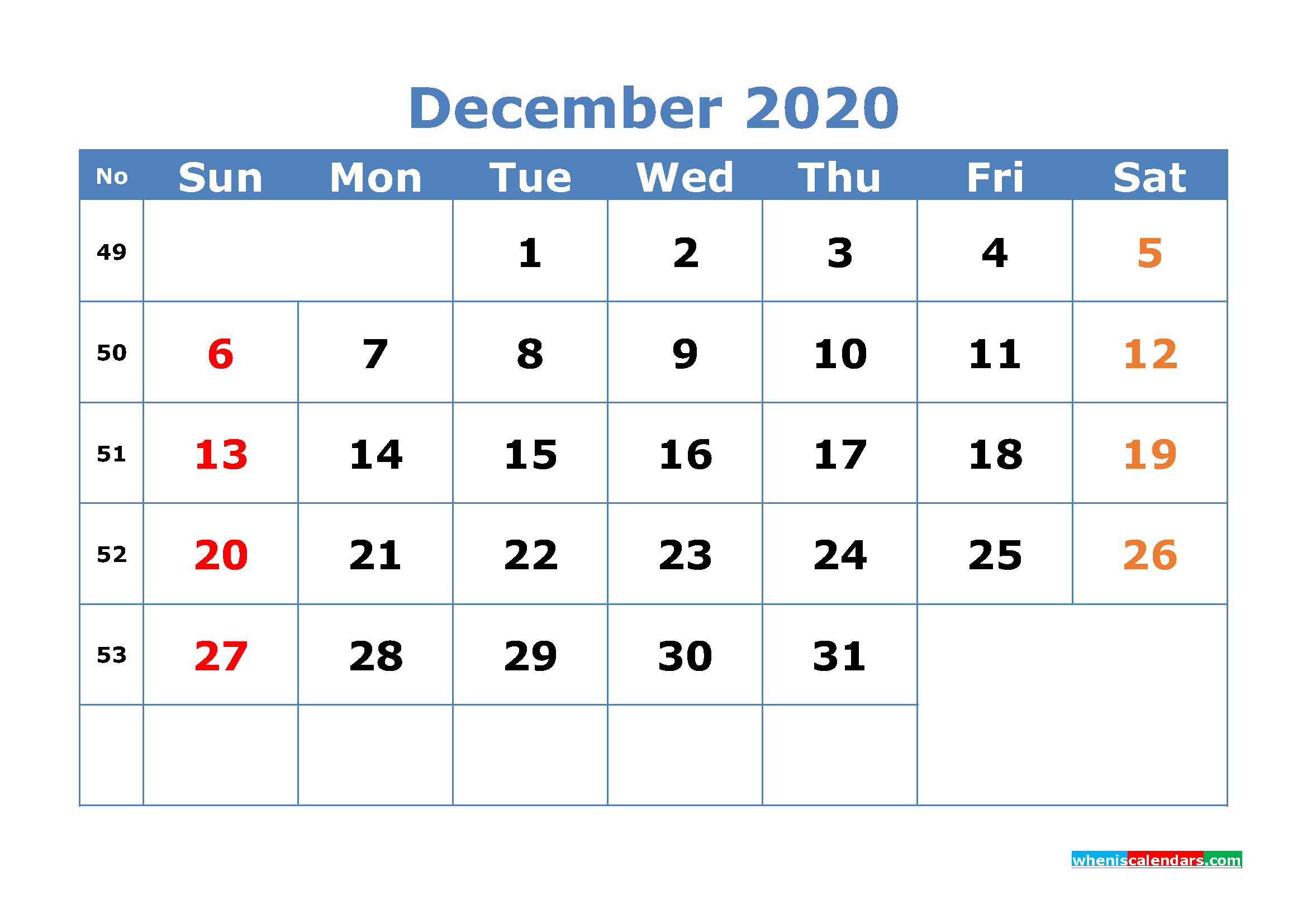 Free Printable December 2020 Calendar with Week Numbers