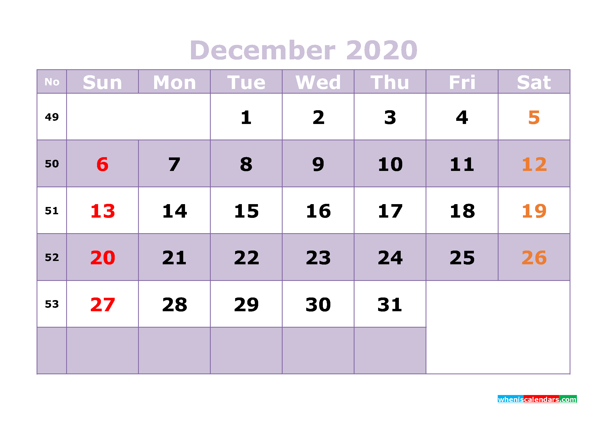 Free Printable December 2020 Calendar Templates