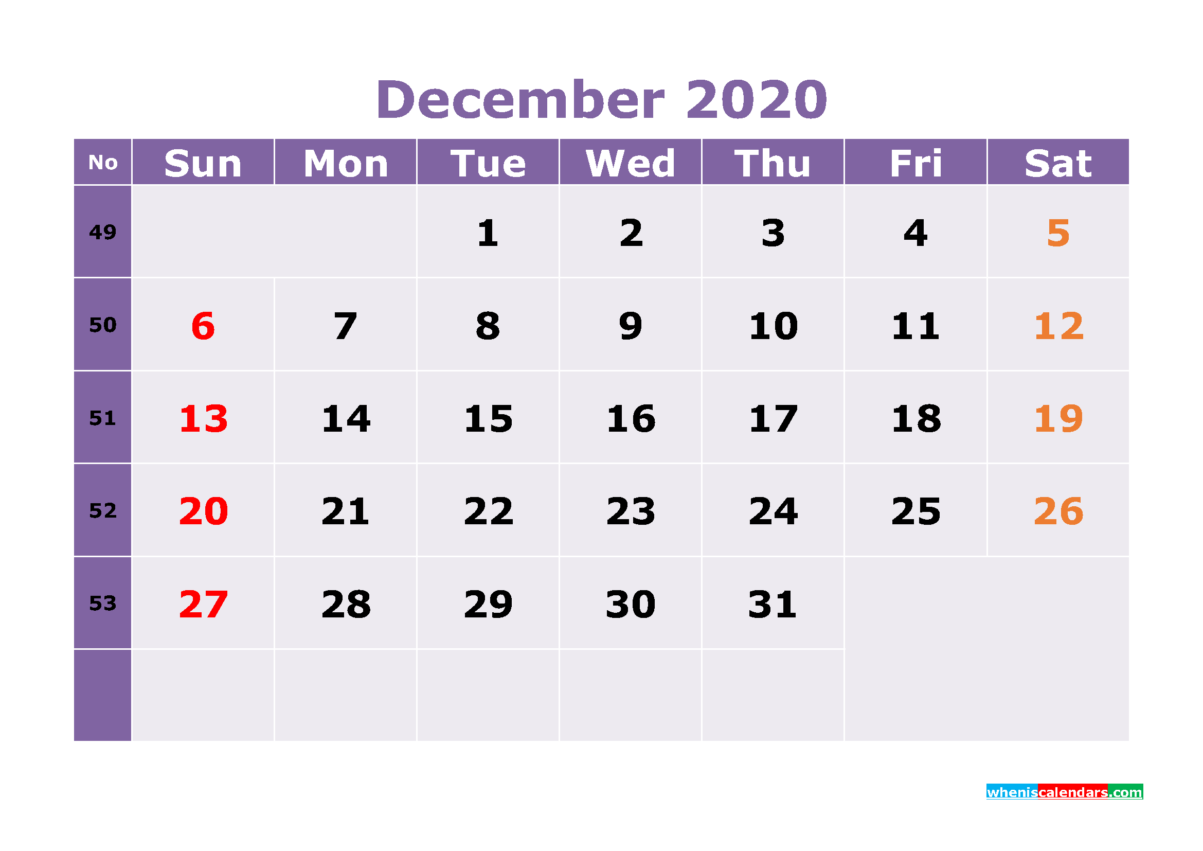 Free Printable December 2020 Calendar Templates