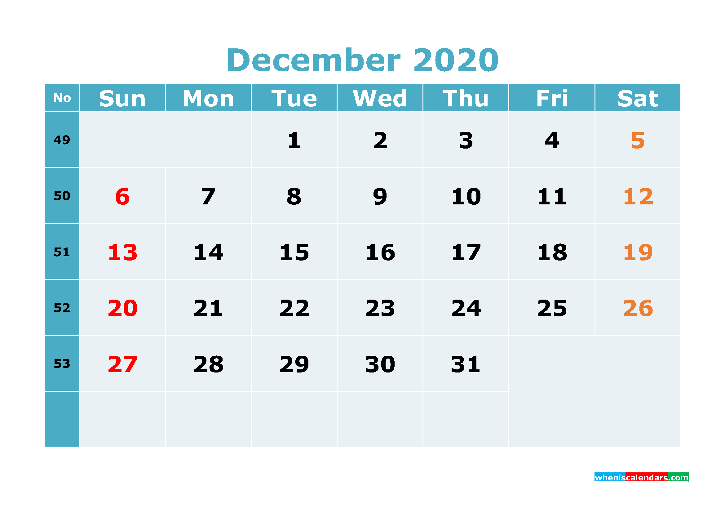 Free Printable December 2020 Calendar Template Word