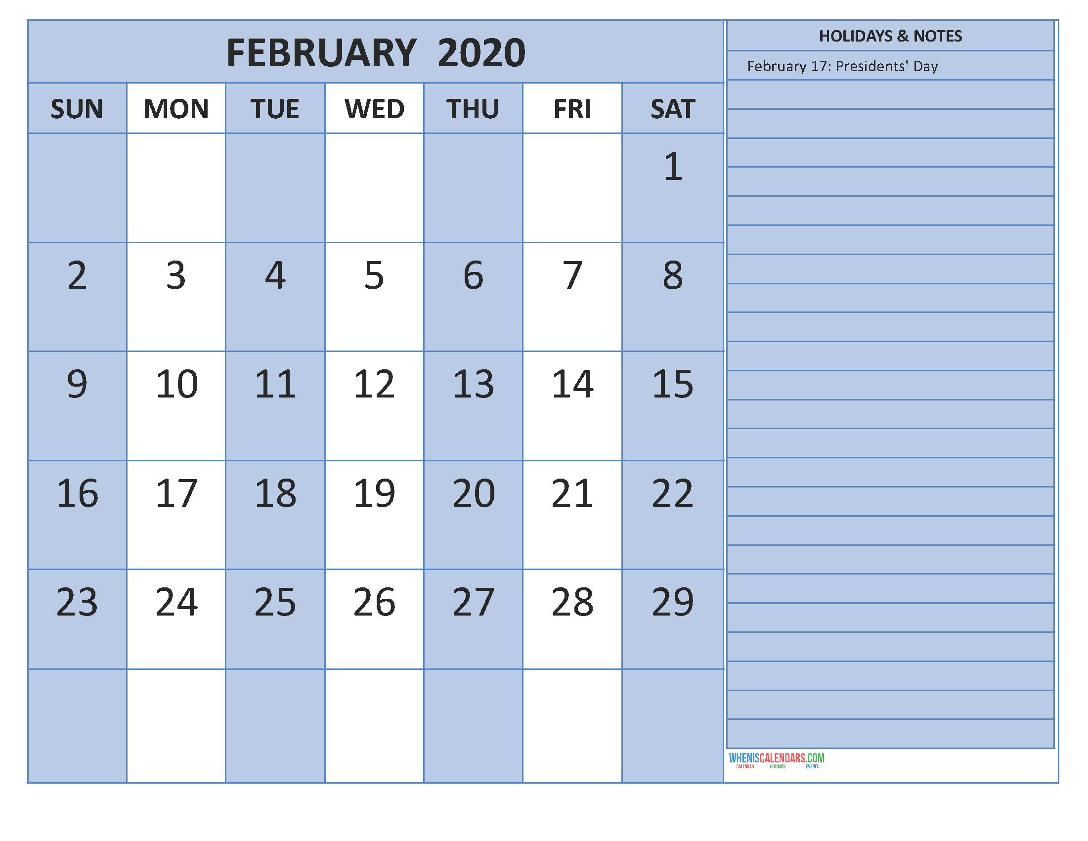 February 2020 Calendar with Holidays Word, PDF