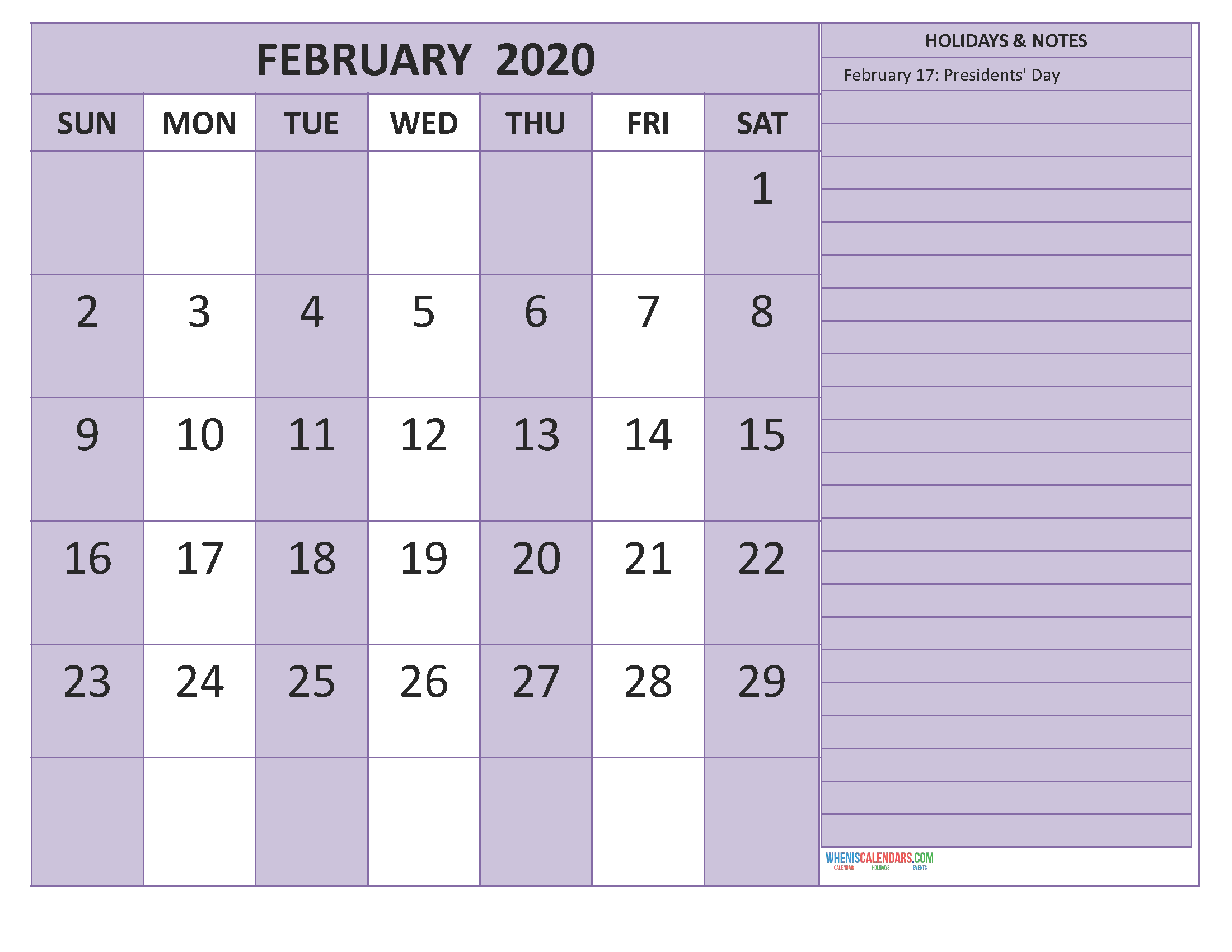 February 2020 Calendar with Holidays Free Printable by Word