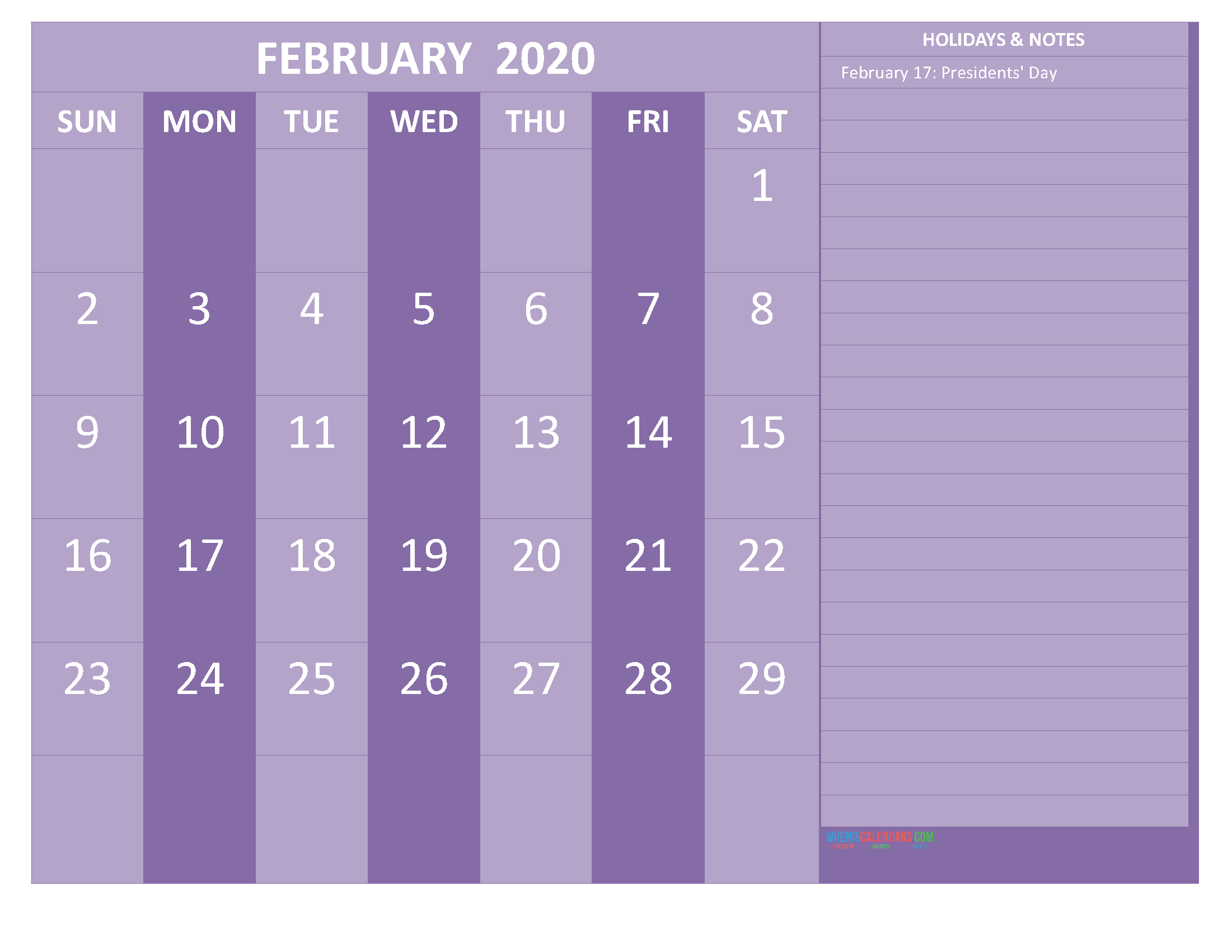Free Monthly Printable Calendar 2020 February with Holidays