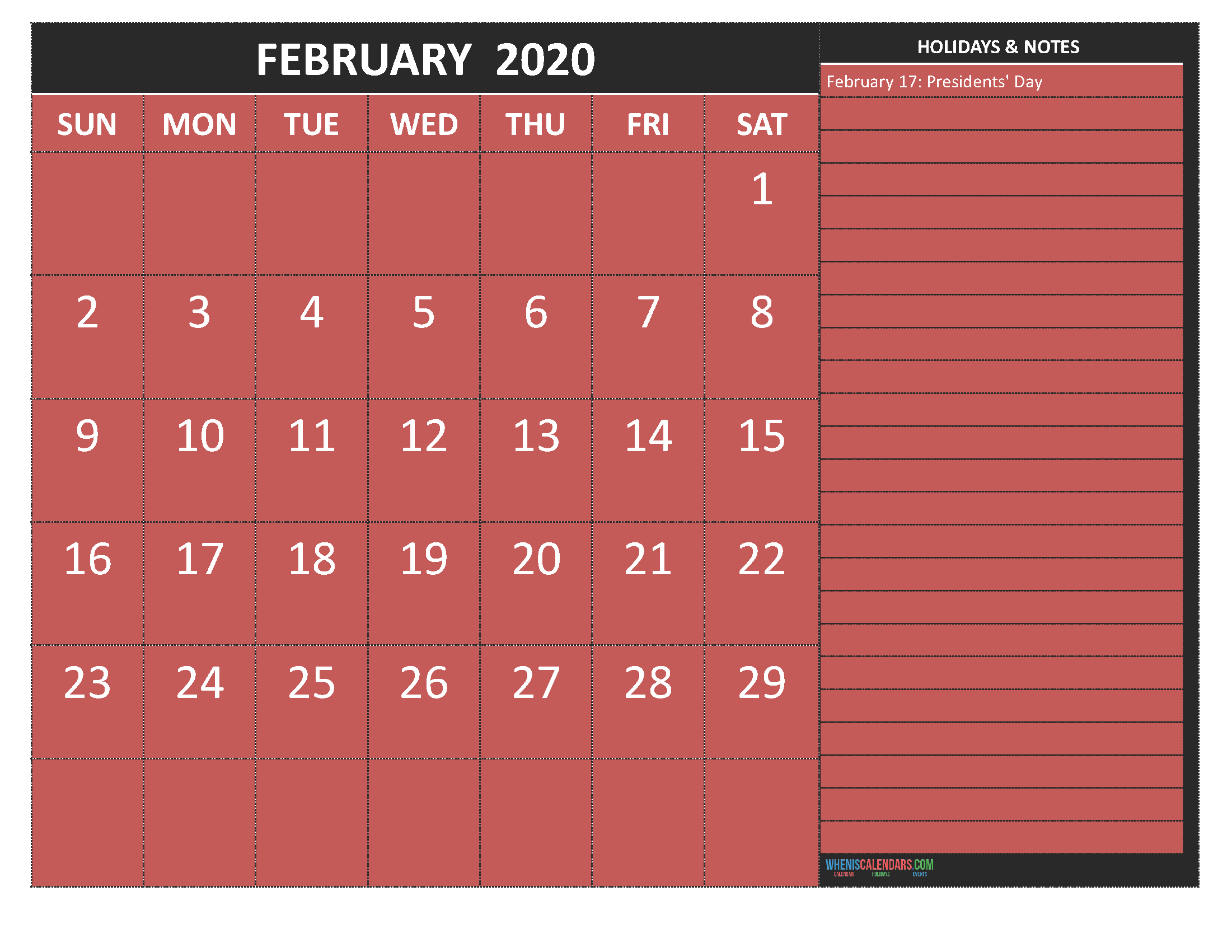 February 2020 Calendar with Holidays Free Printable