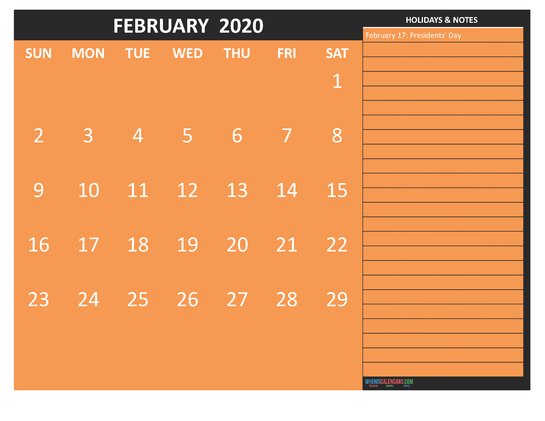 Printable February 2020 Calendar with Holidays Word