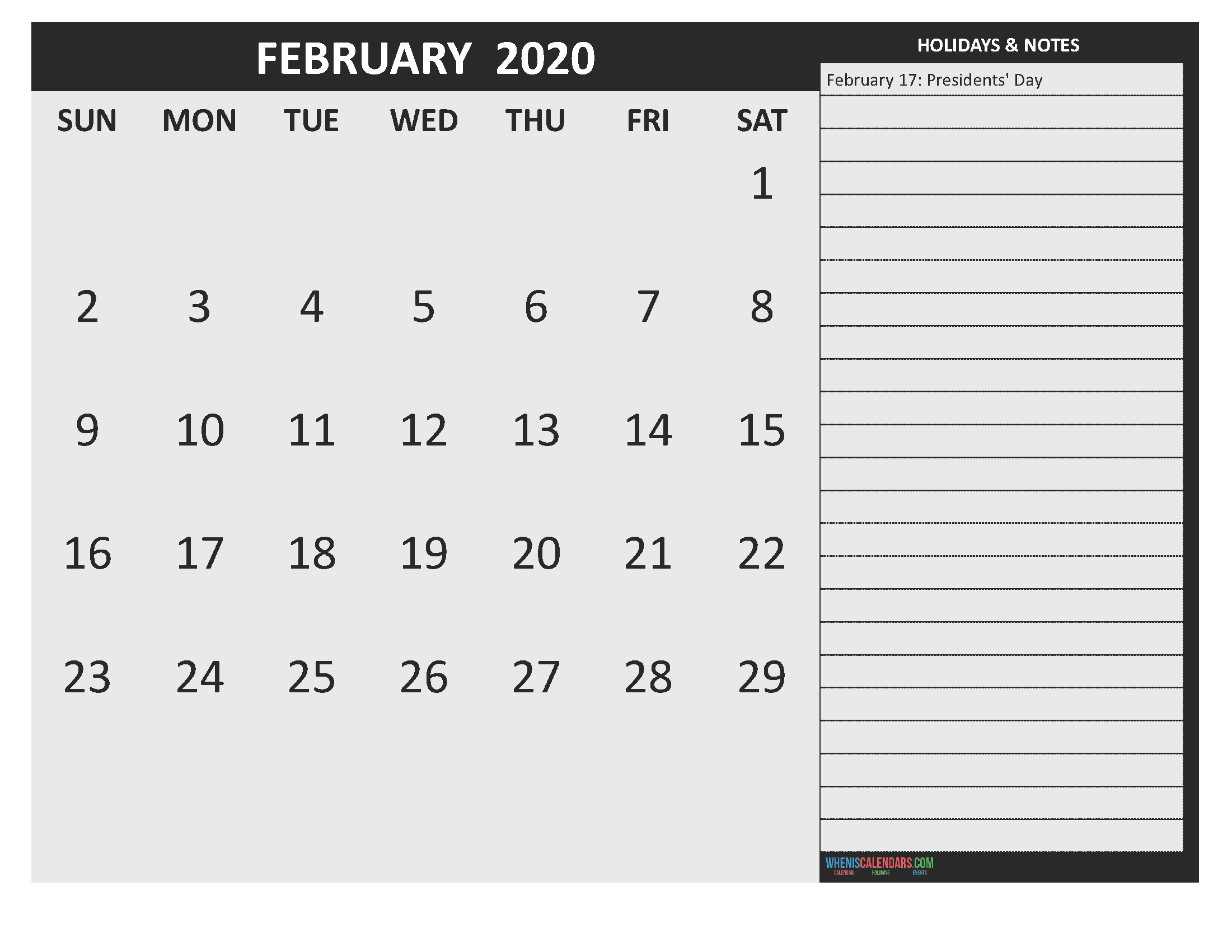 Free Printable Monthly Calendar 2020 February with Holidays
