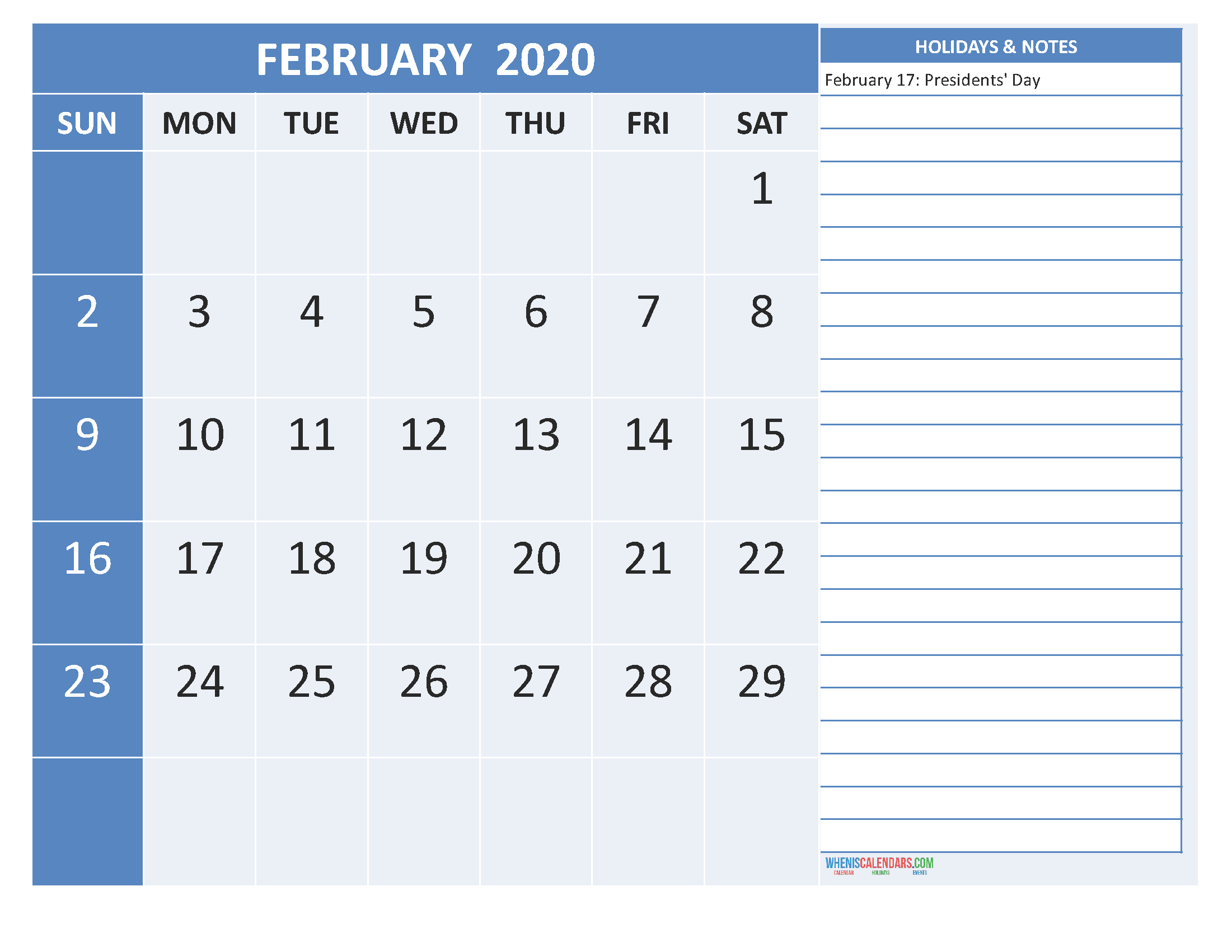 Free Printable Monthly 2020 Calendar with Holidays February