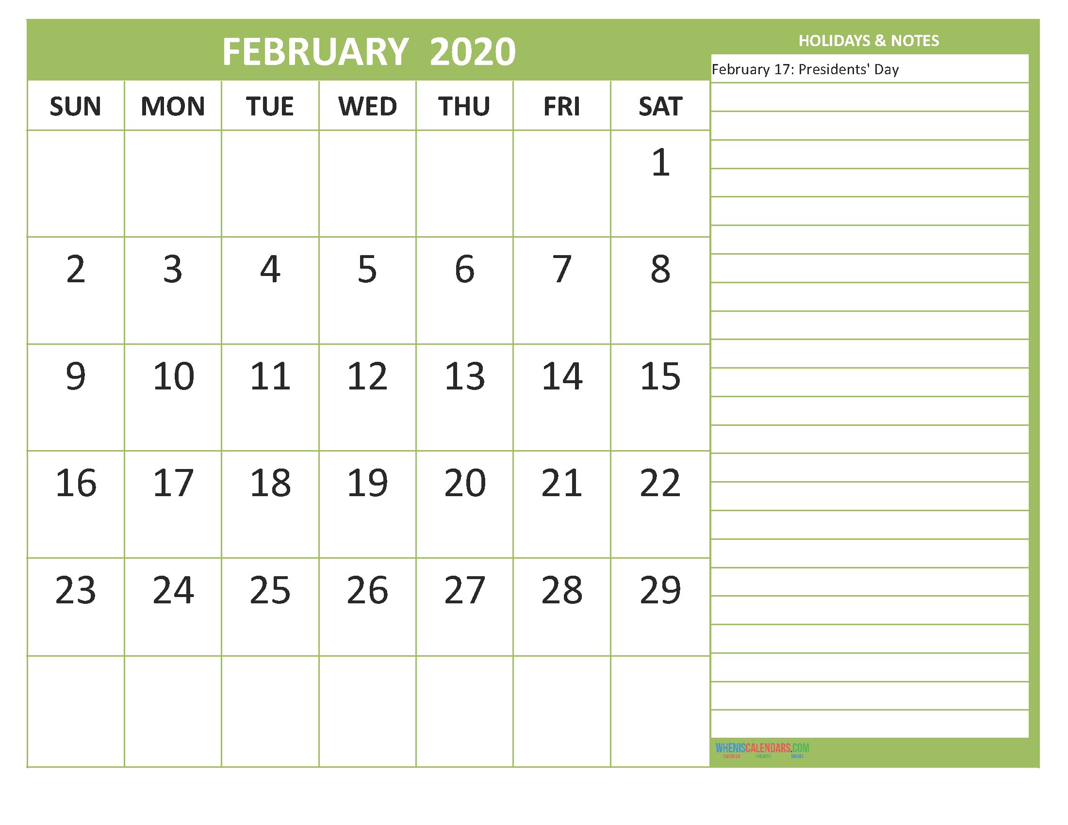 Free Printable 2020 Monthly Calendar with Holidays February