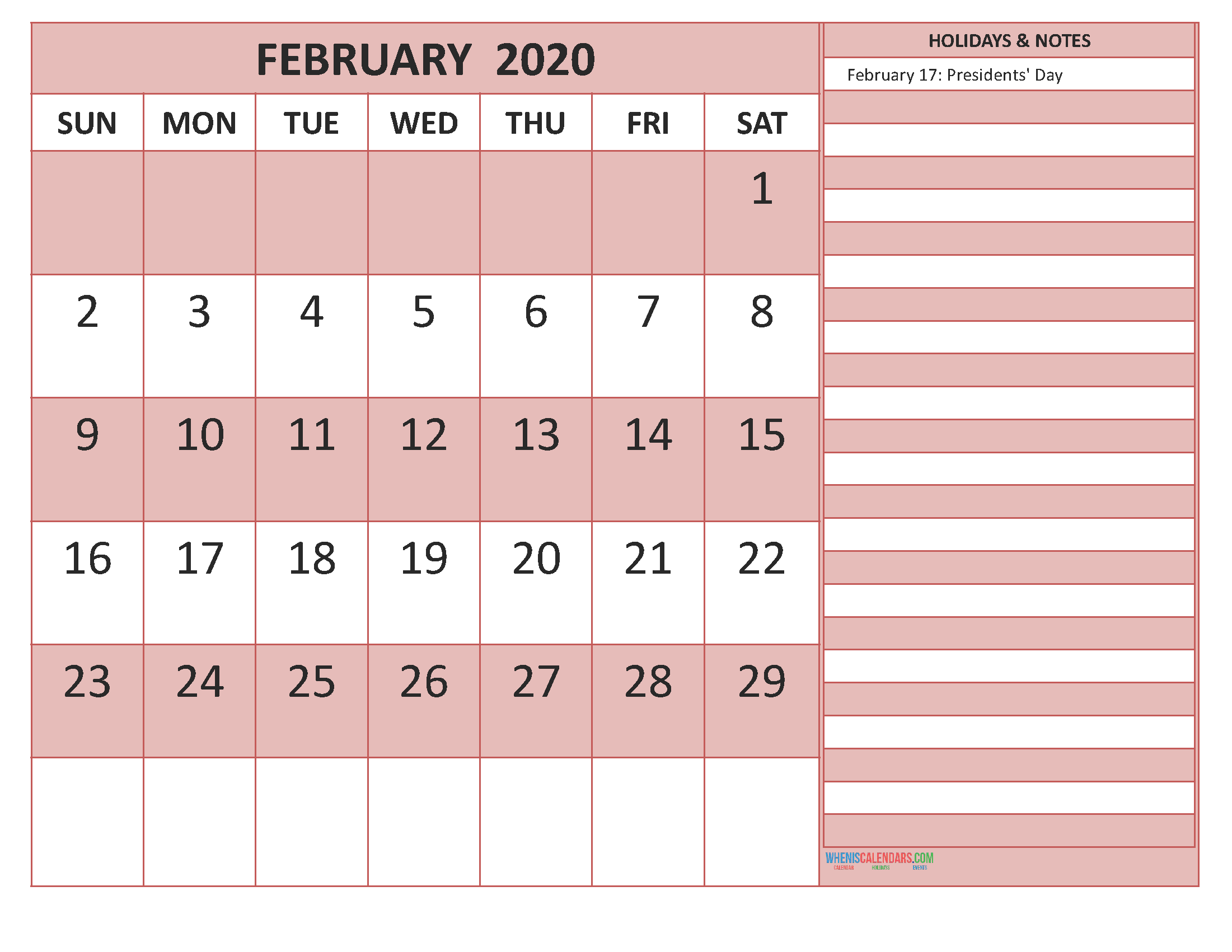 February 2020 Calendar with Holidays Free Printable