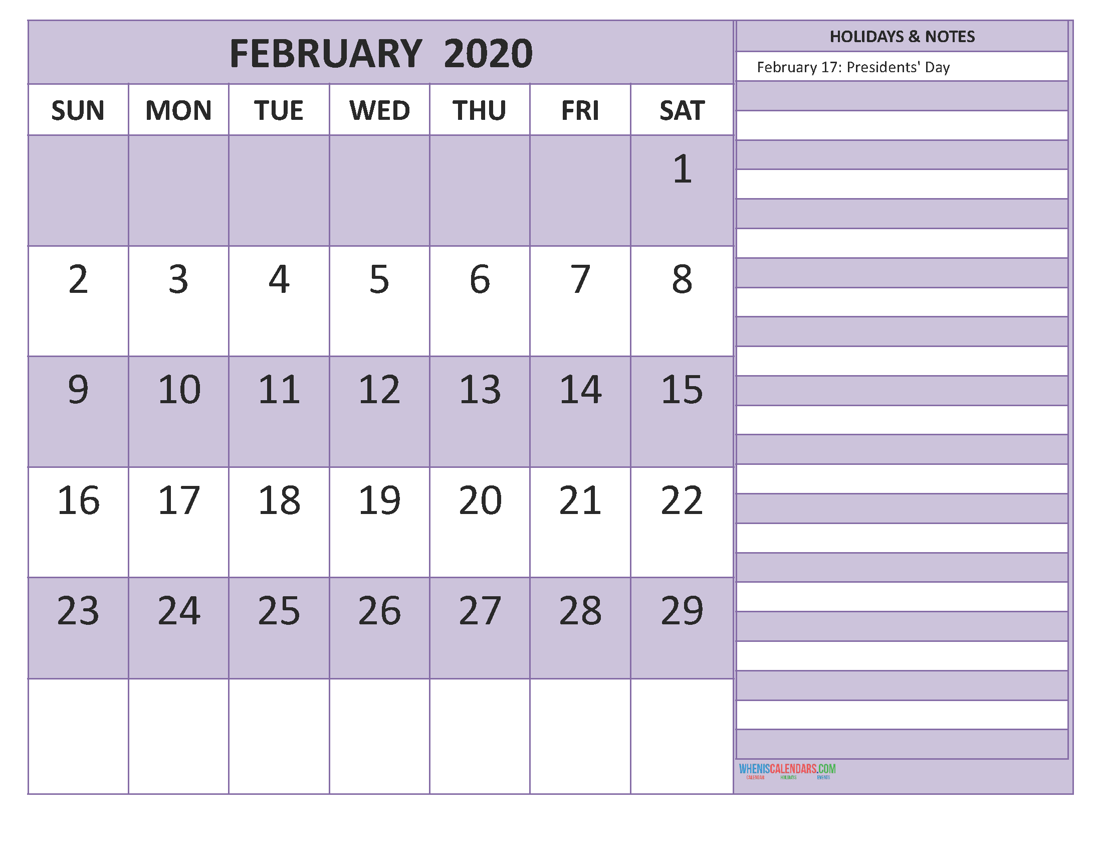 Free Printable February 2020 Calendar with Holidays