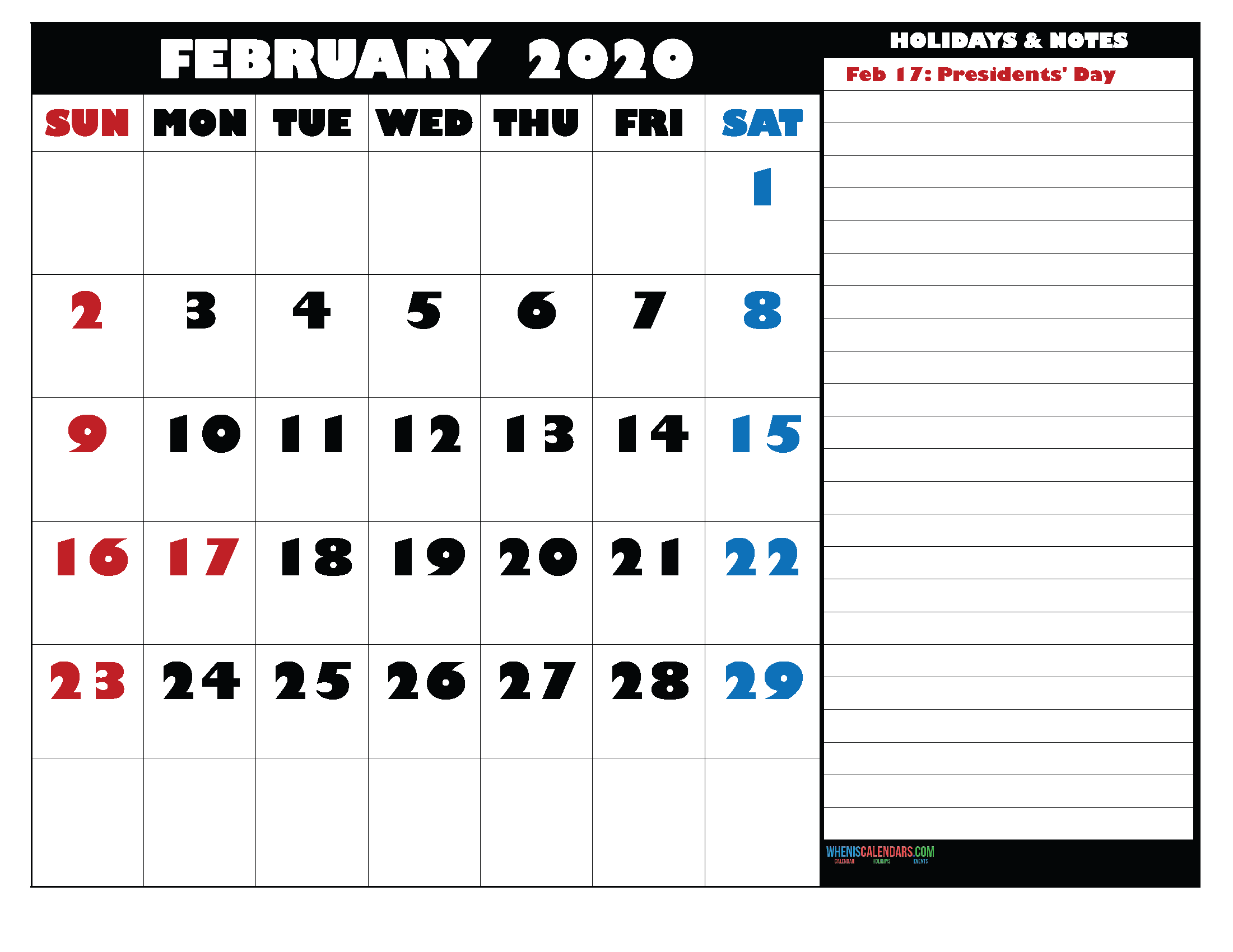 Free Monthly Printable Calendar 2020 February with Holidays