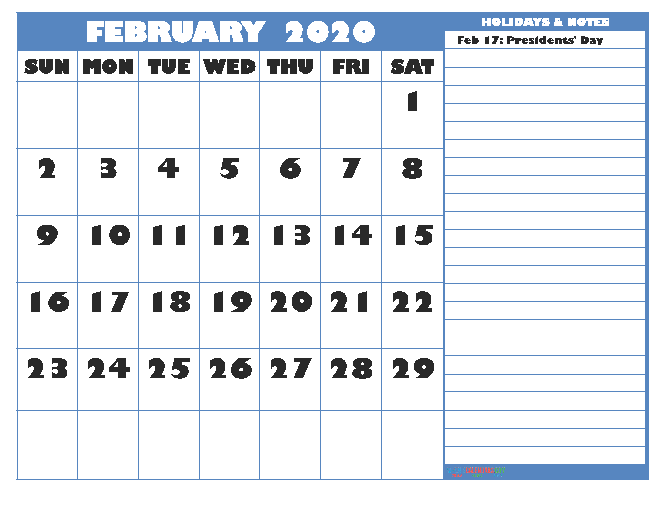 February 2020 Calendar with Holidays Free Printable by Word