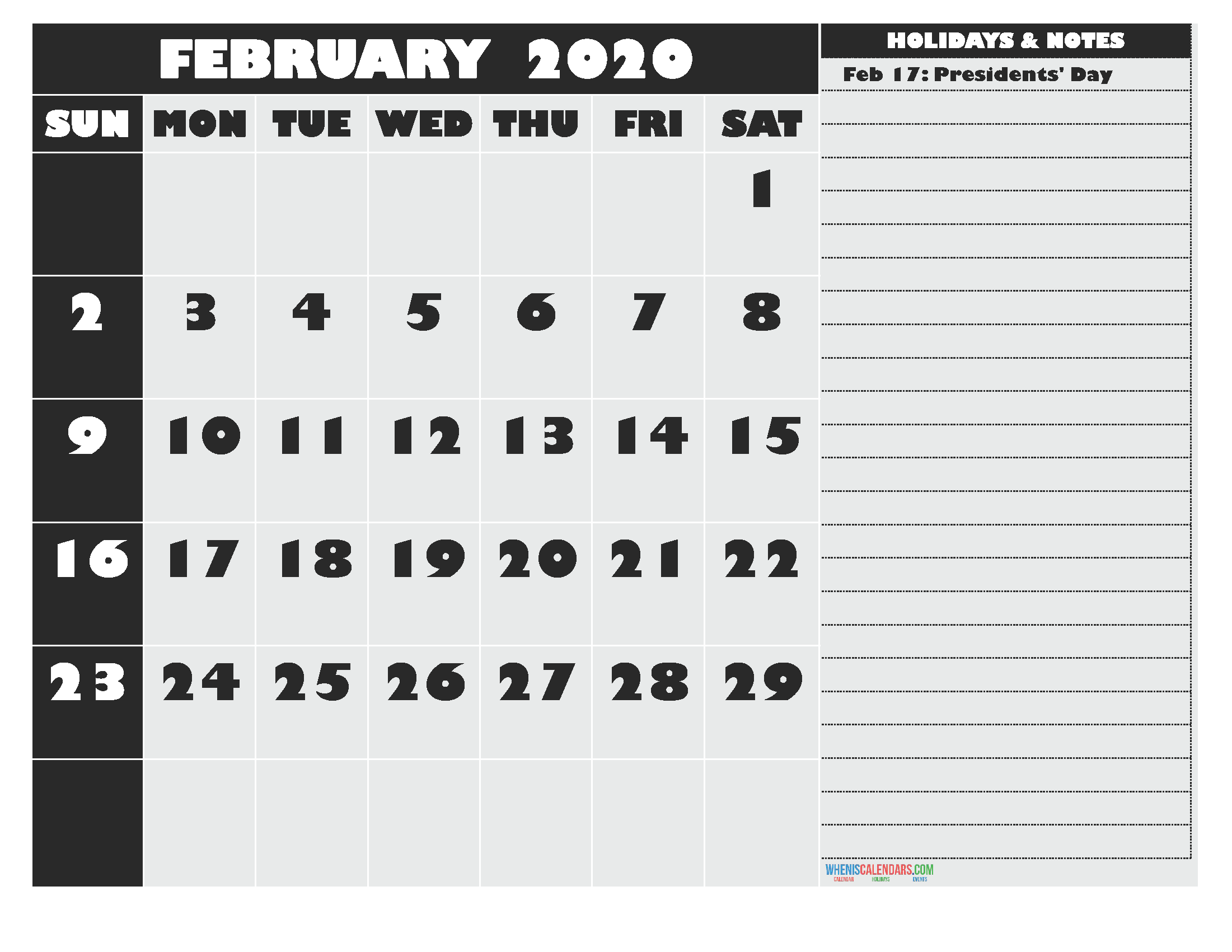 Free Printable February 2020 Calendar with Holidays