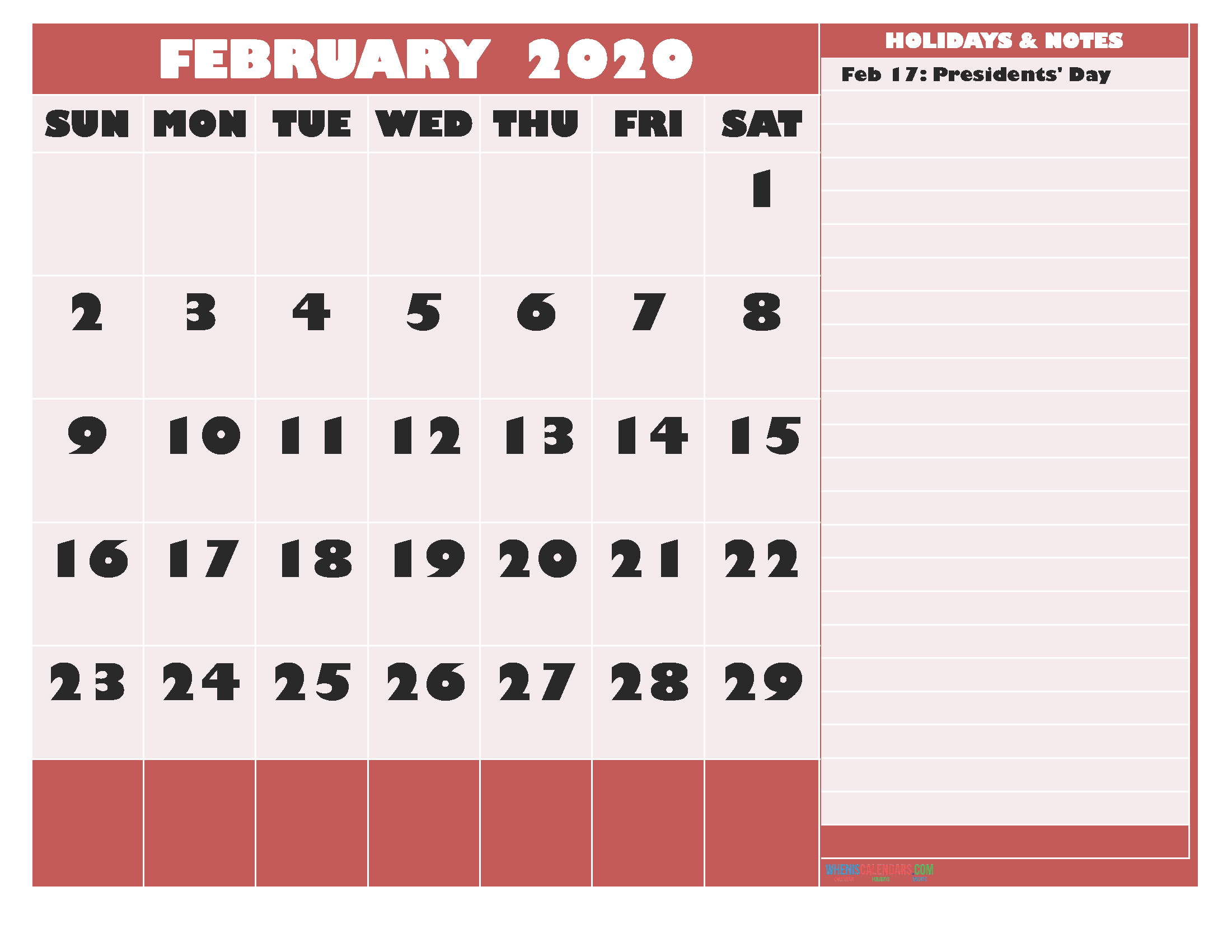 Printable February 2020 Calendar with Holidays Word