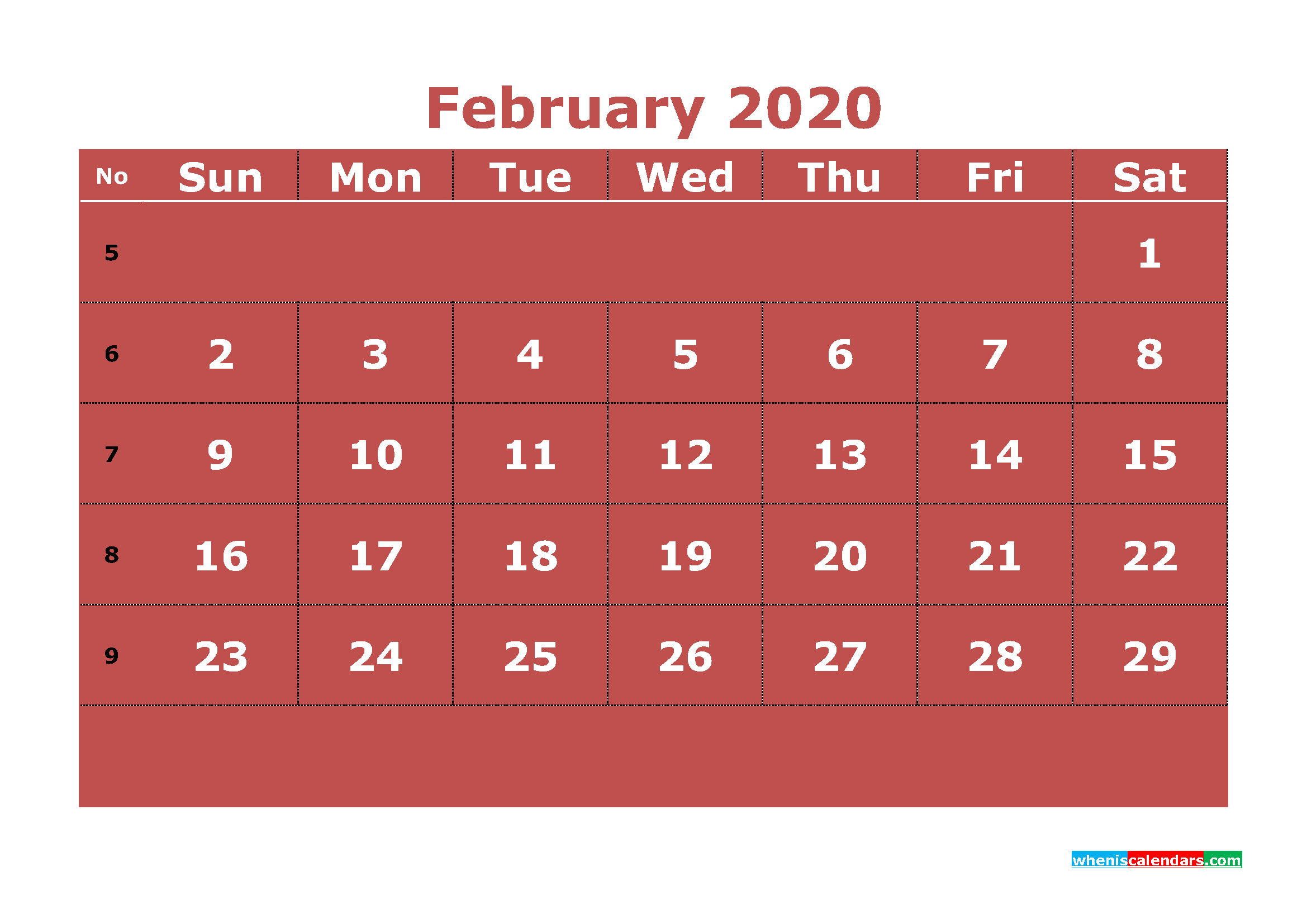 Printable February 2020 Calendar with Week Numbers