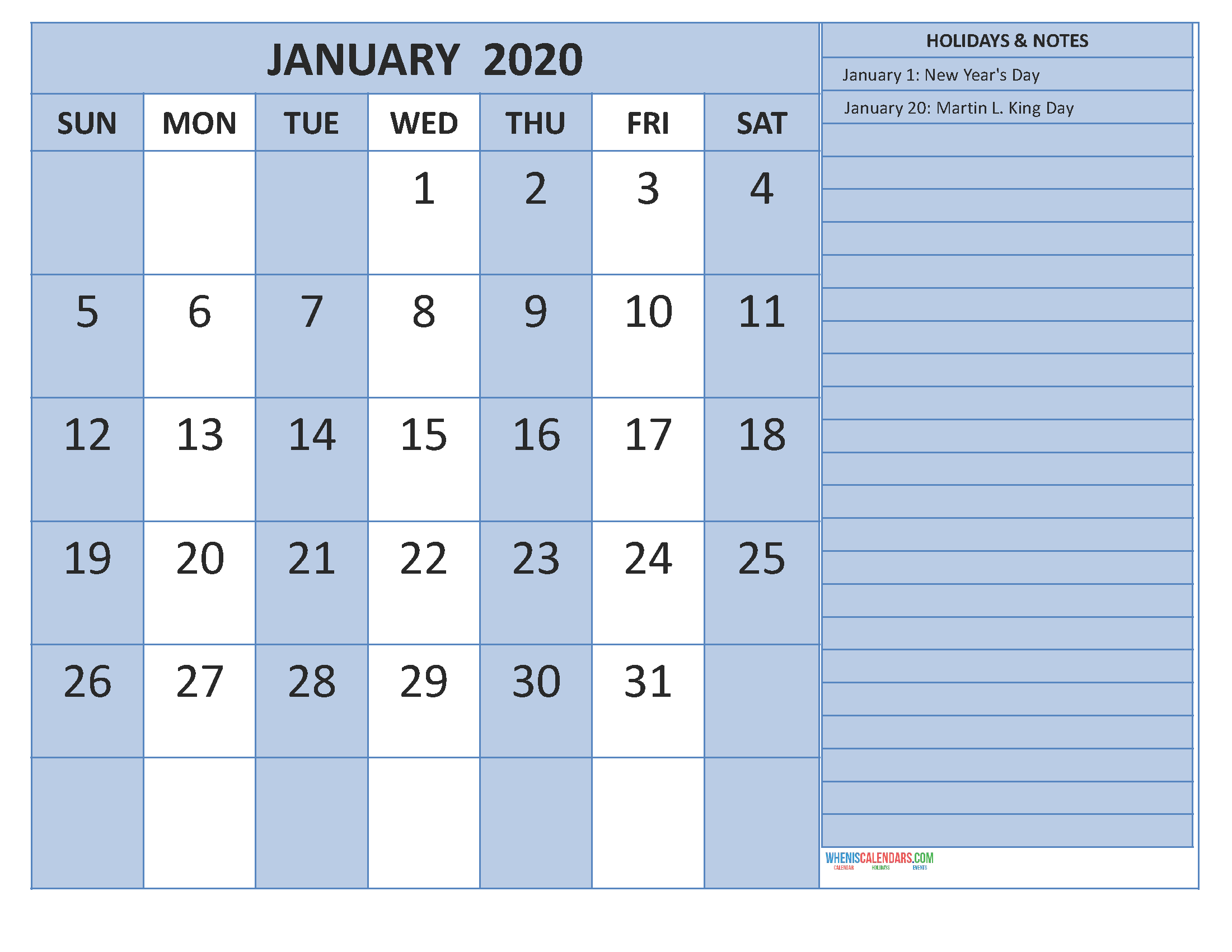 Free Printable 2020 Monthly Calendar with Holidays January