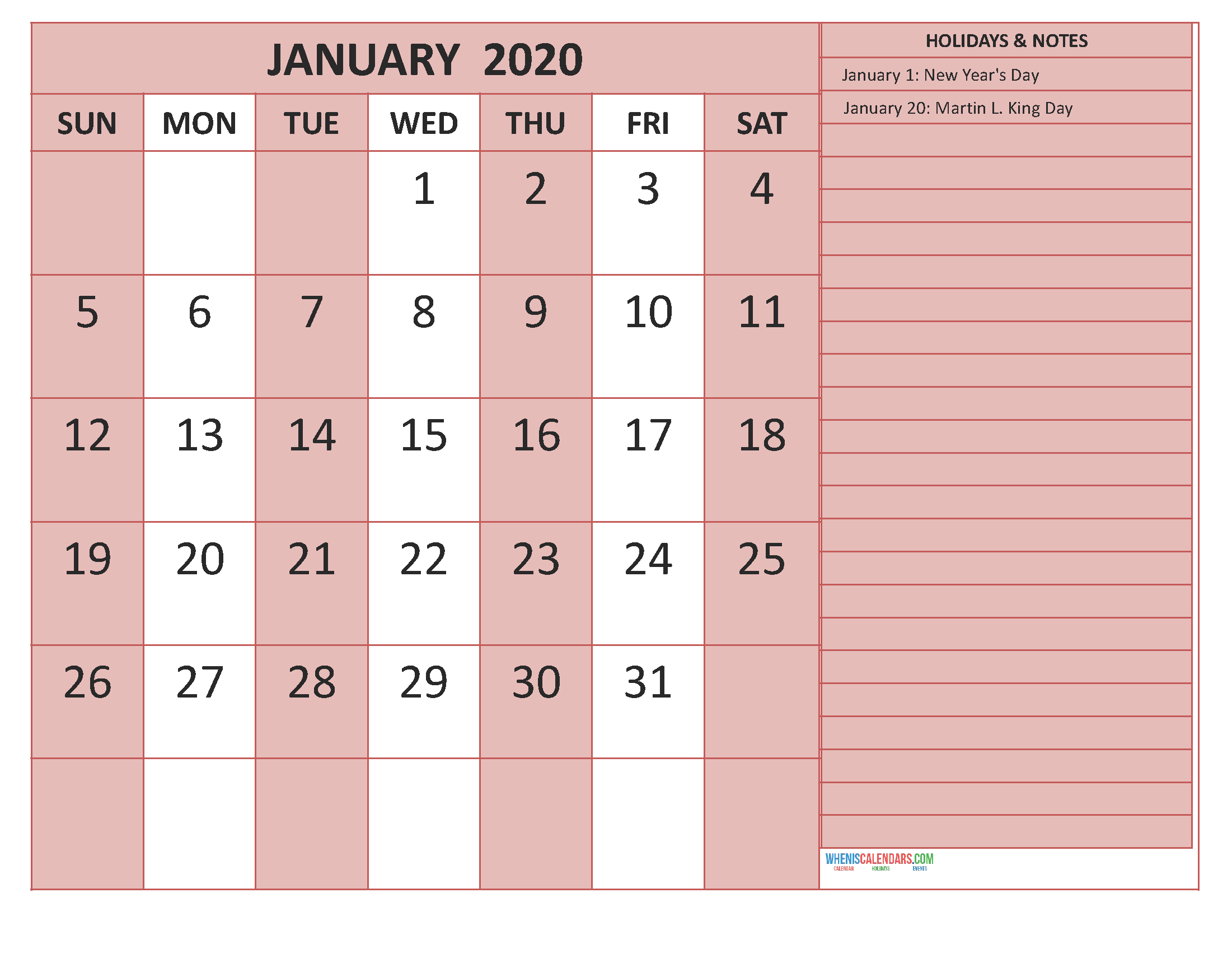 Printable January 2020 Calendar with Holidays Word