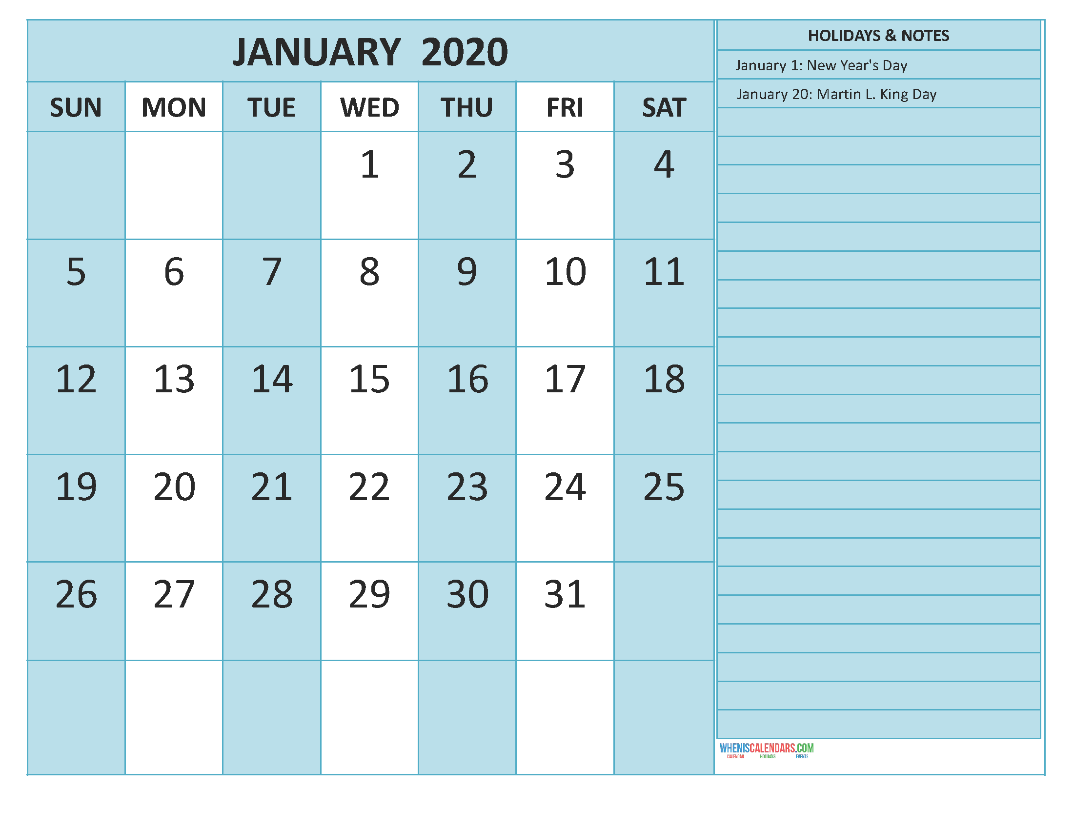 Free Monthly Printable Calendar 2020 January with Holidays