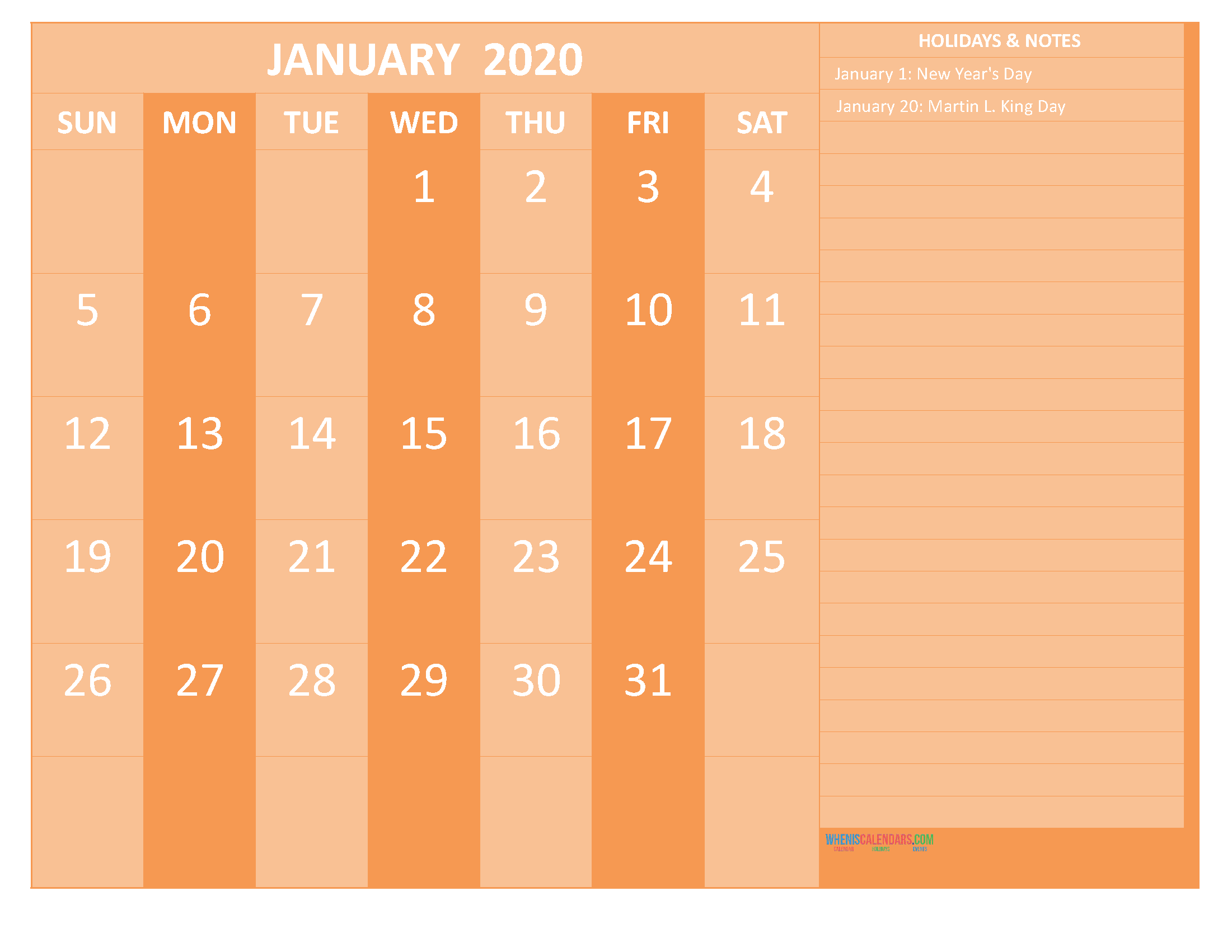 Free Printable 2020 Monthly Calendar with Holidays January