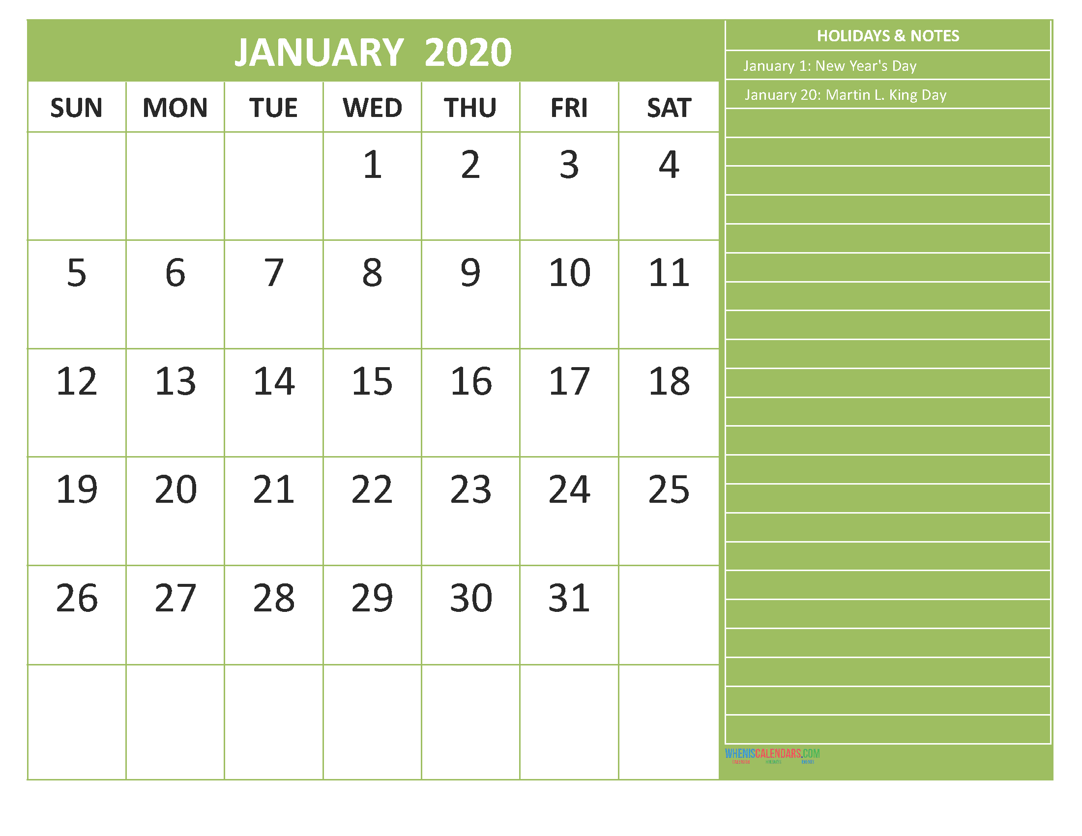 Free Monthly Printable Calendar 2020 January with Holidays