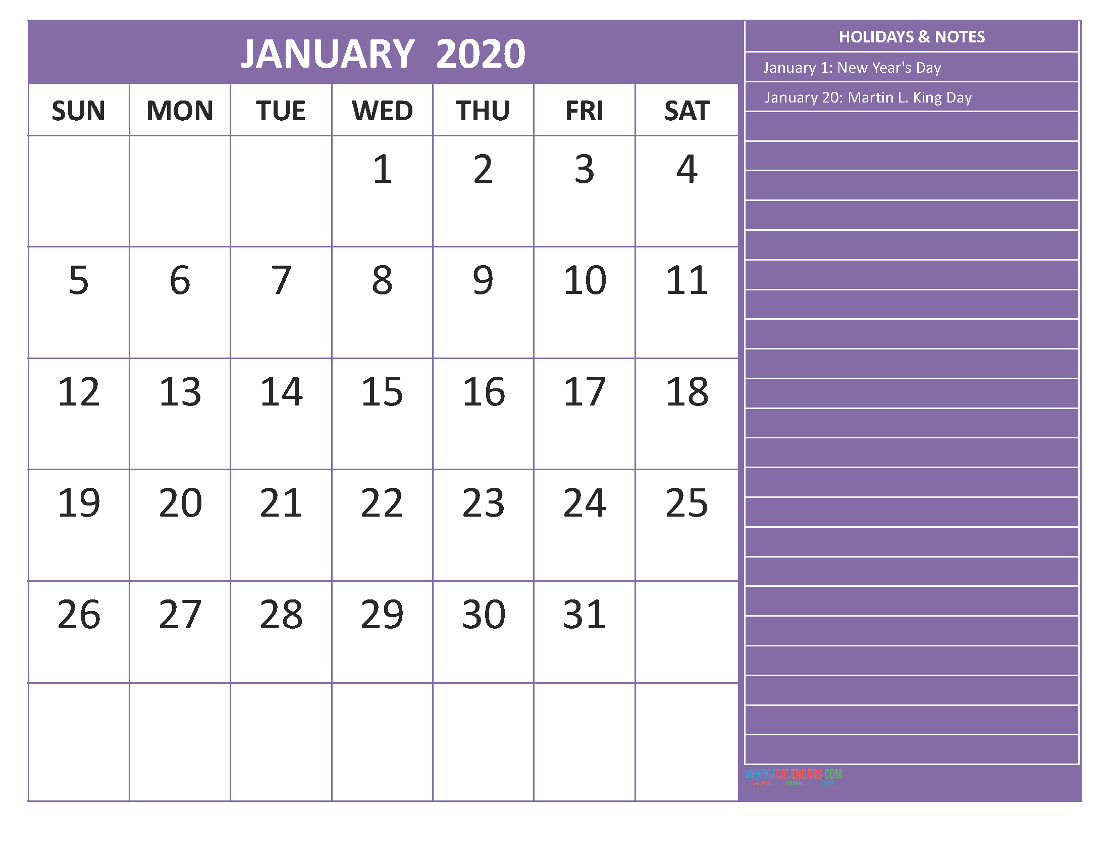 Free Printable Monthly 2020 Calendar with Holidays January