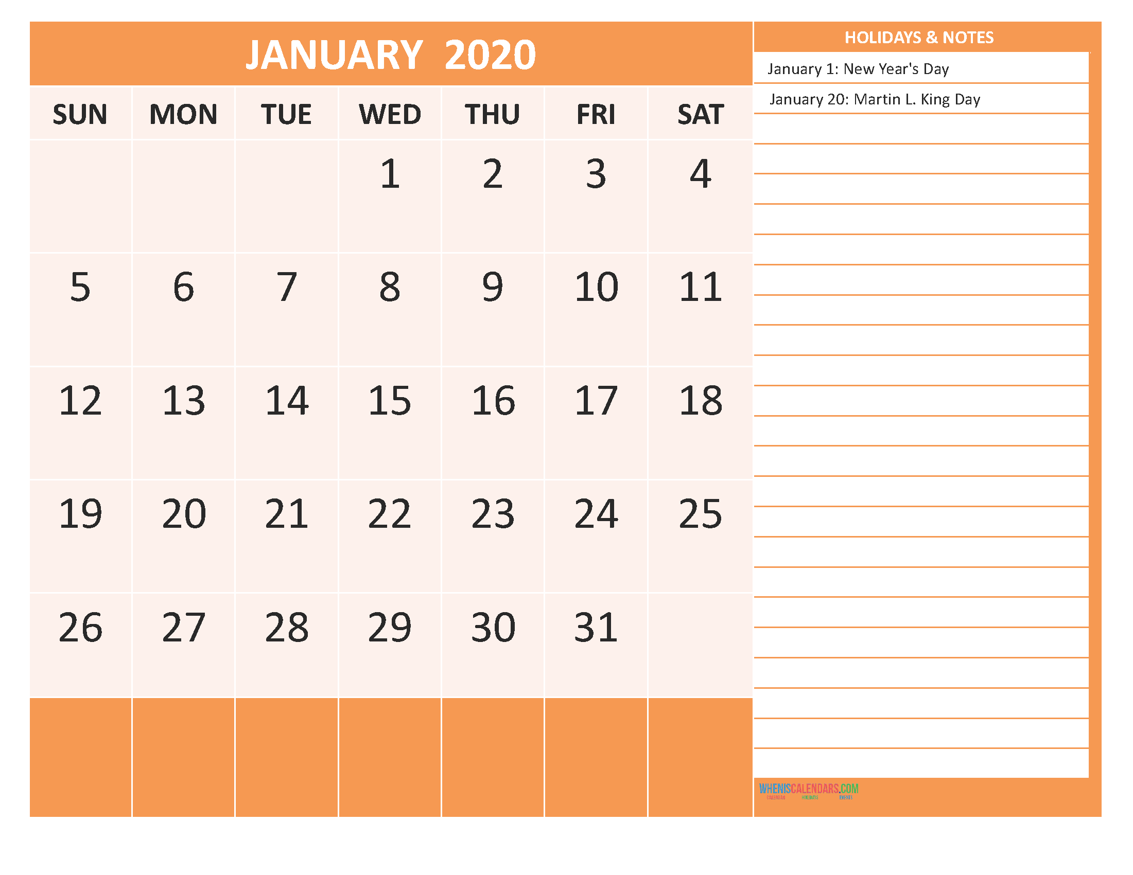 January 2020 Calendar with Holidays Free Printable