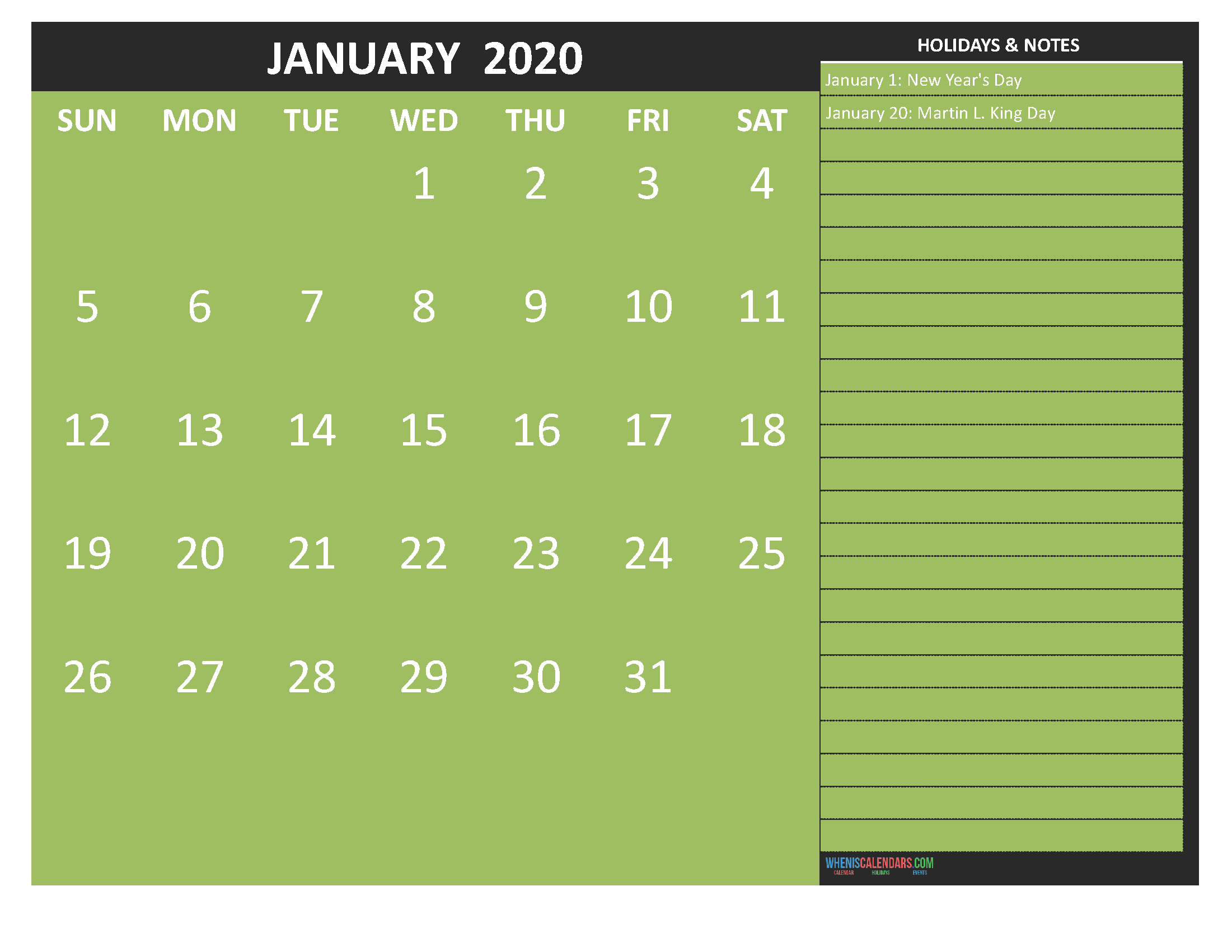 January 2020 Calendar with Holidays Free Printable by Word