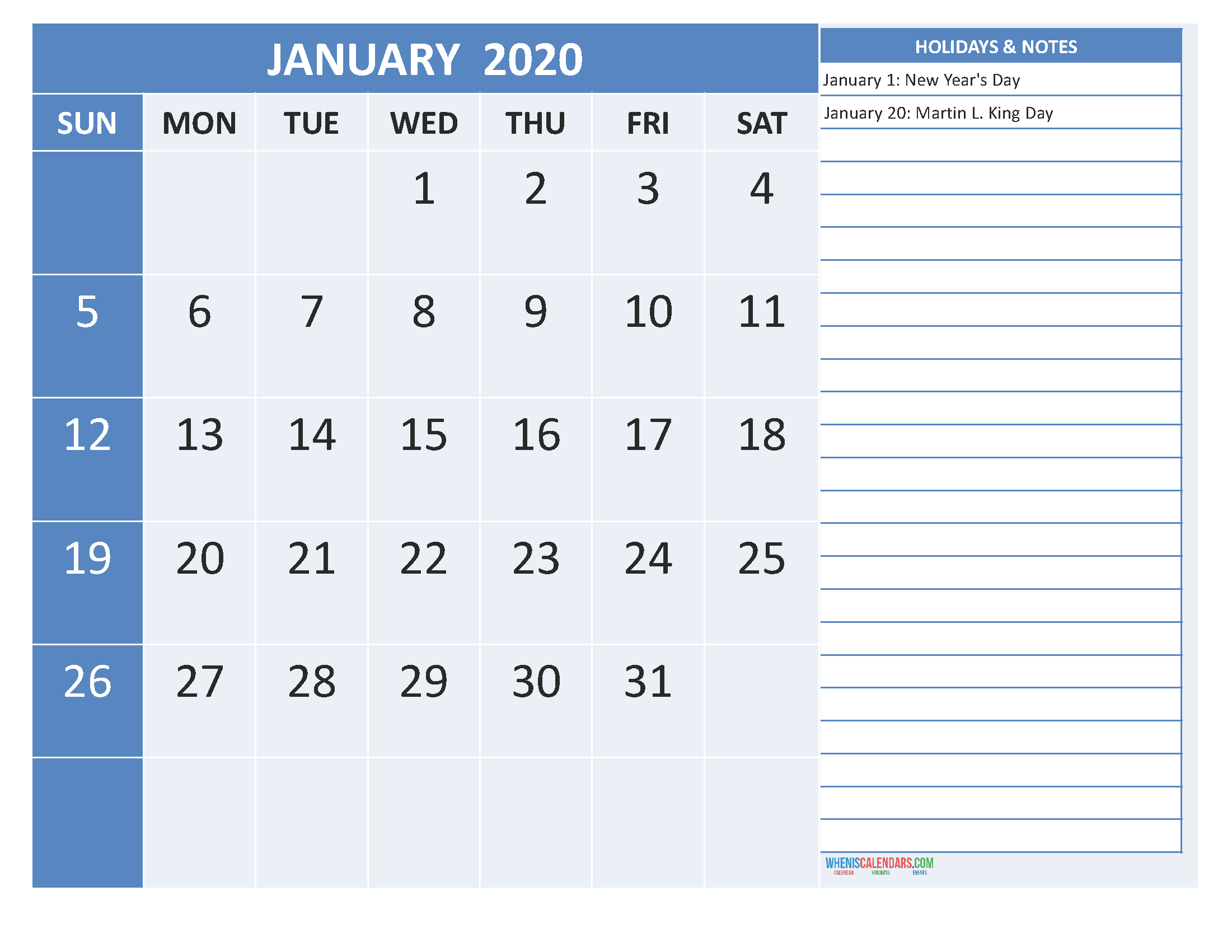 Free Printable Monthly 2020 Calendar with Holidays January