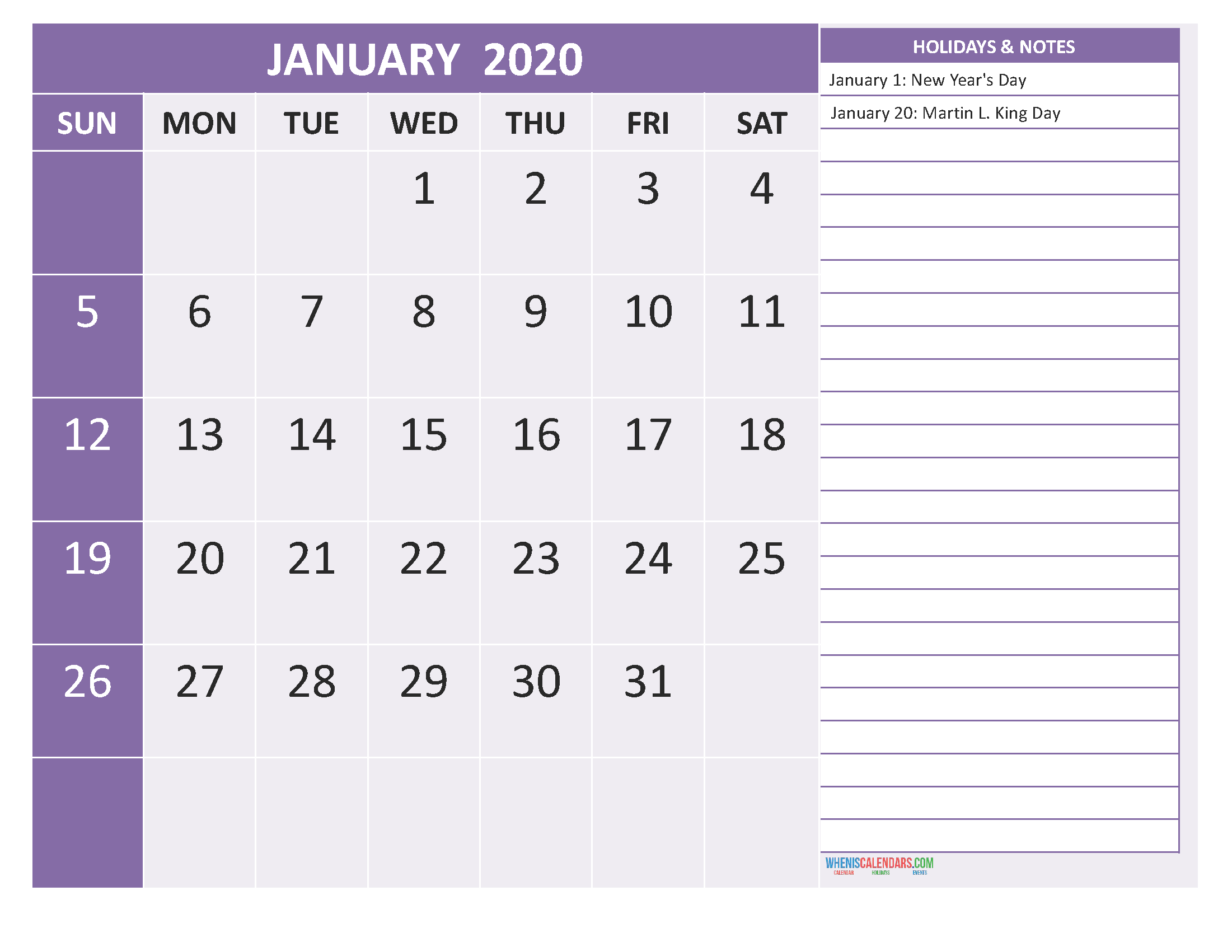 January 2020 Calendar with Holidays Free Printable by Word