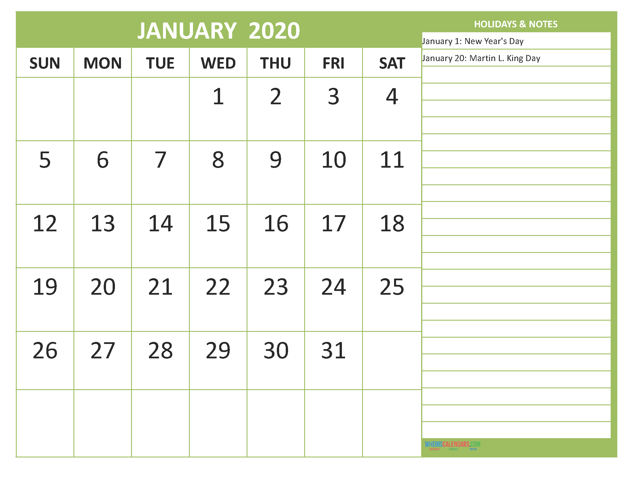 January 2020 Calendar with Holidays Free Printable