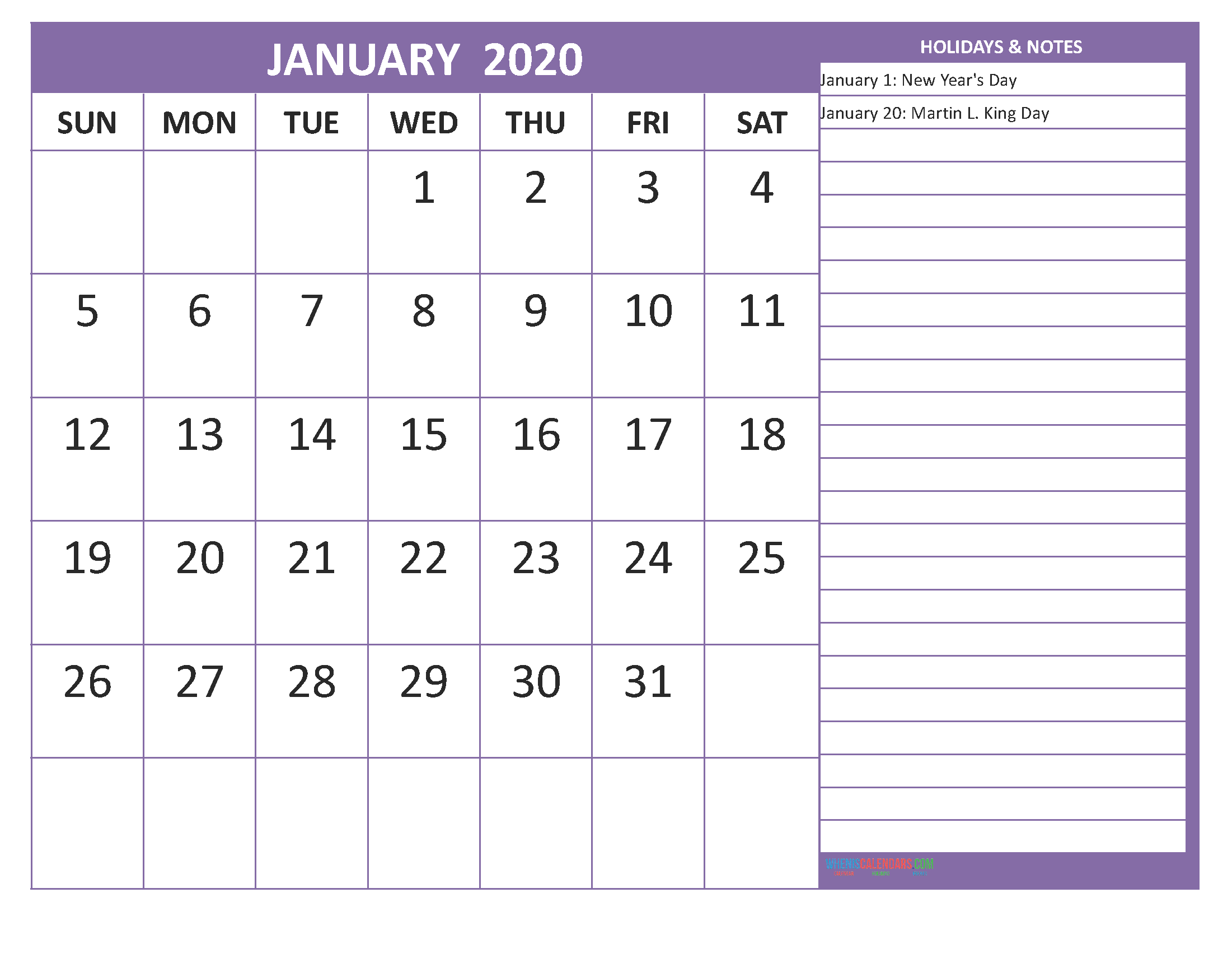 Free January 2020 Monthly Calendar Template Word