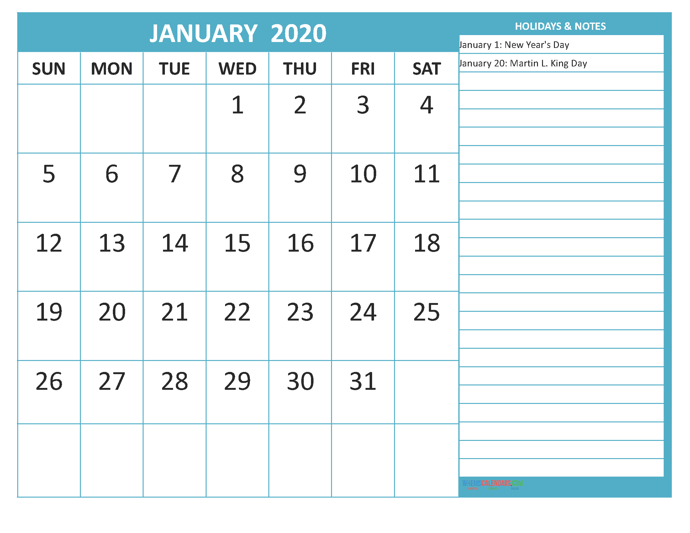 Free Printable Monthly Calendar 2020 January with Holidays
