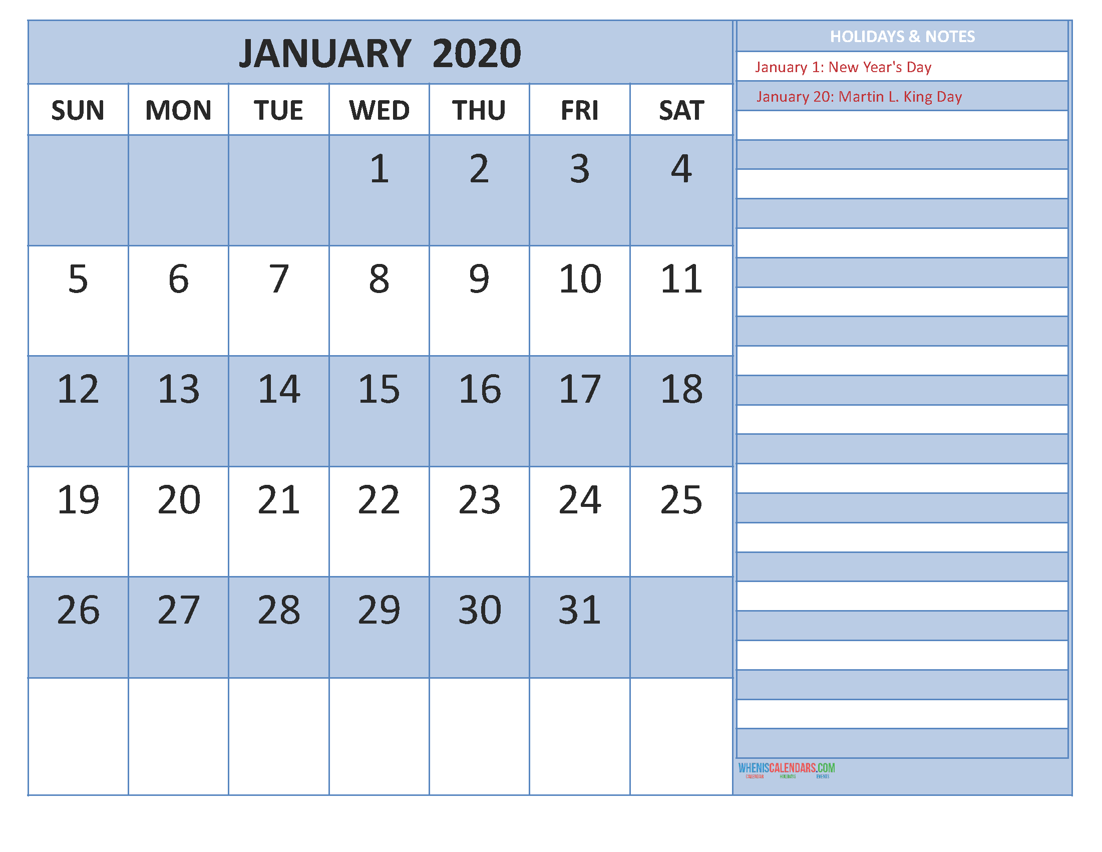 Printable January 2020 Calendar with Holidays Word