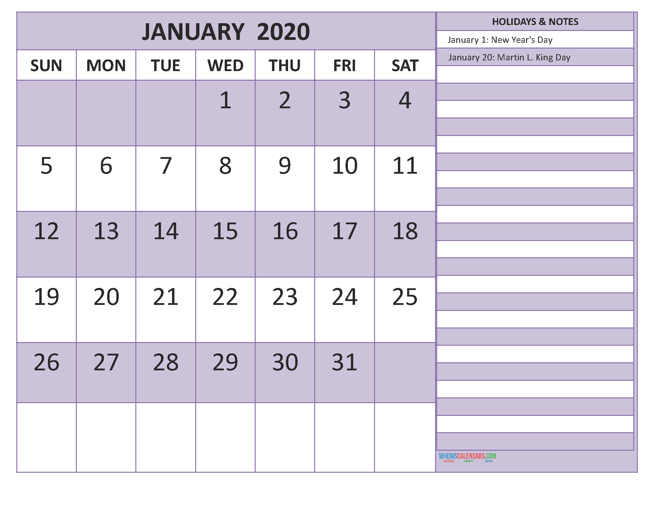 Free Printable January 2020 Calendar with Holidays