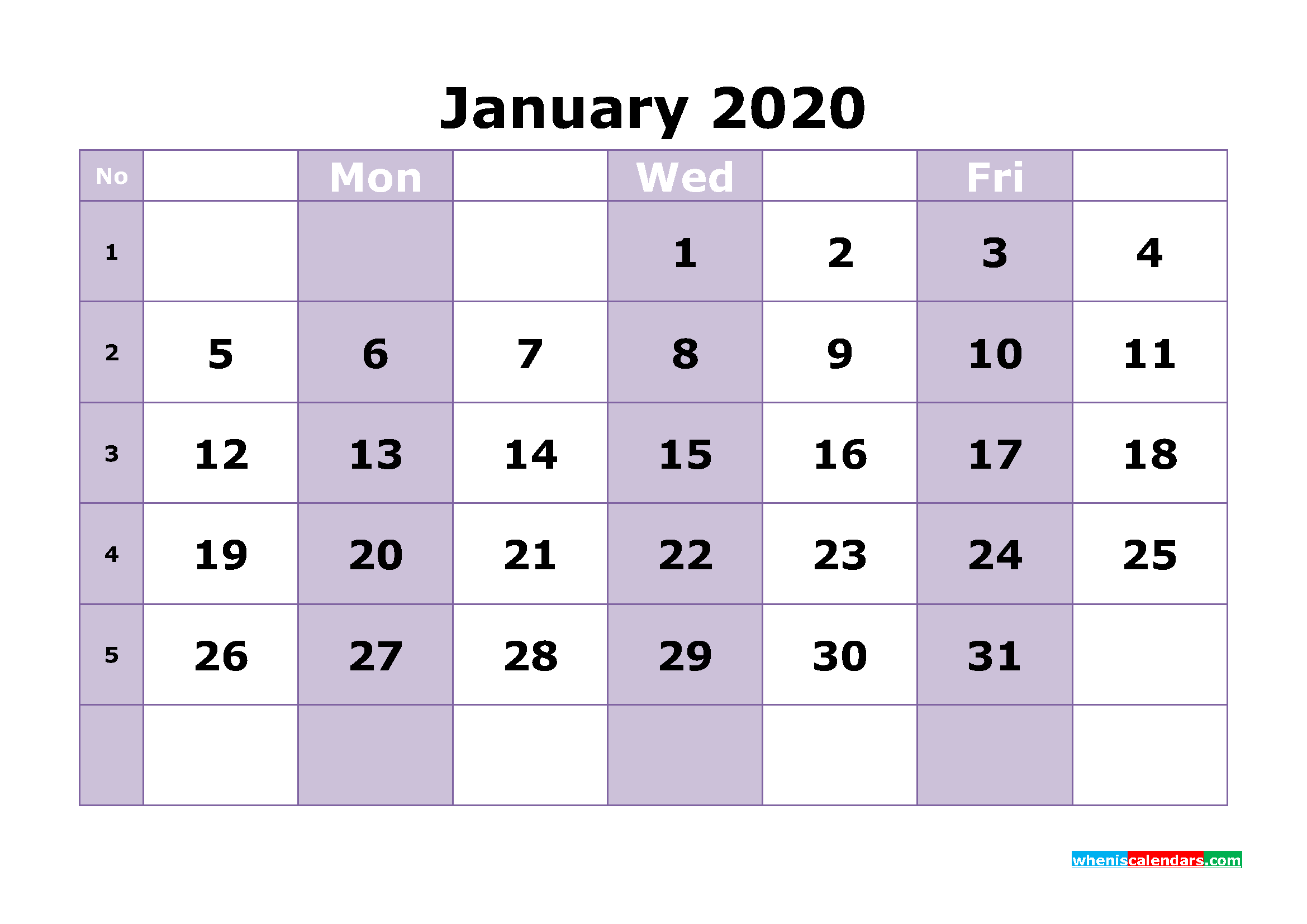 Free Printable January 2020 Calendar Template Word