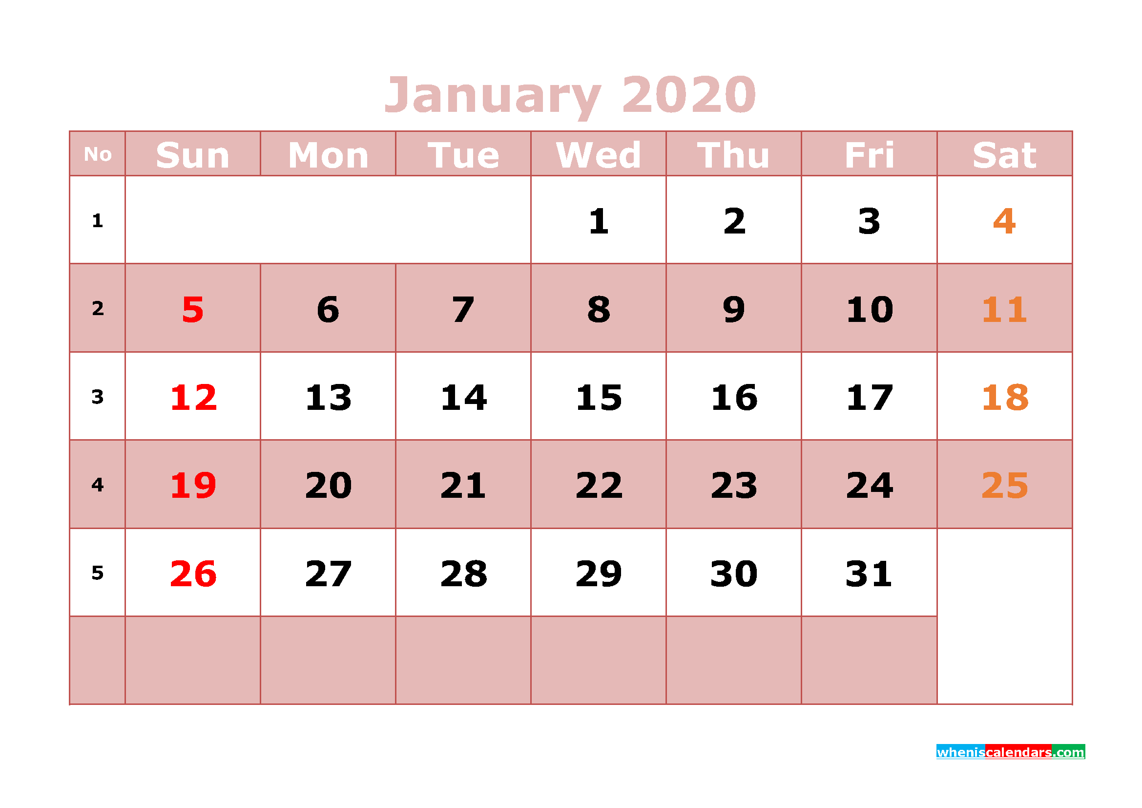 Free Printable January 2020 Calendar Word, PDF