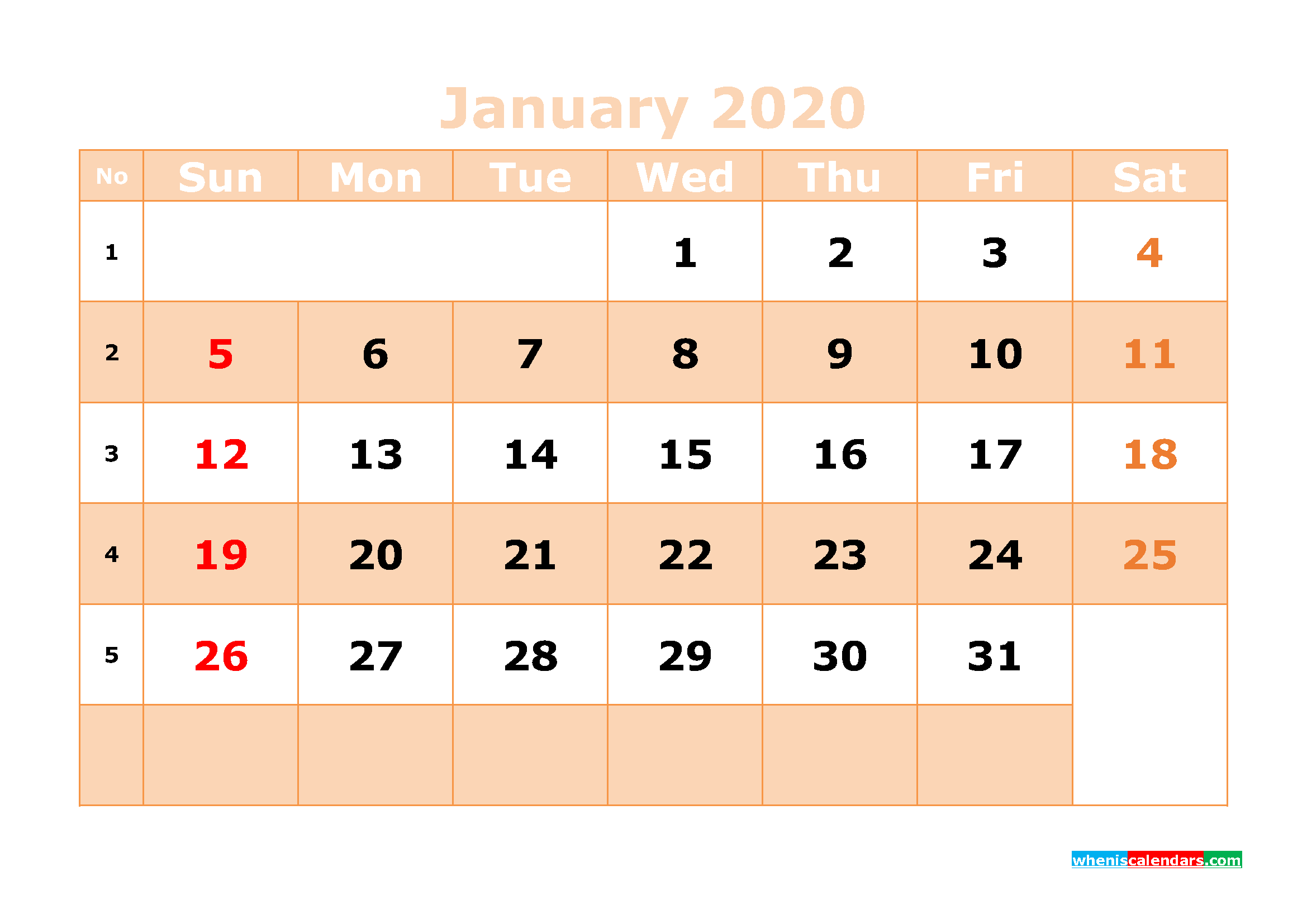 Printable January 2020 Calendar Template Word, PDF
