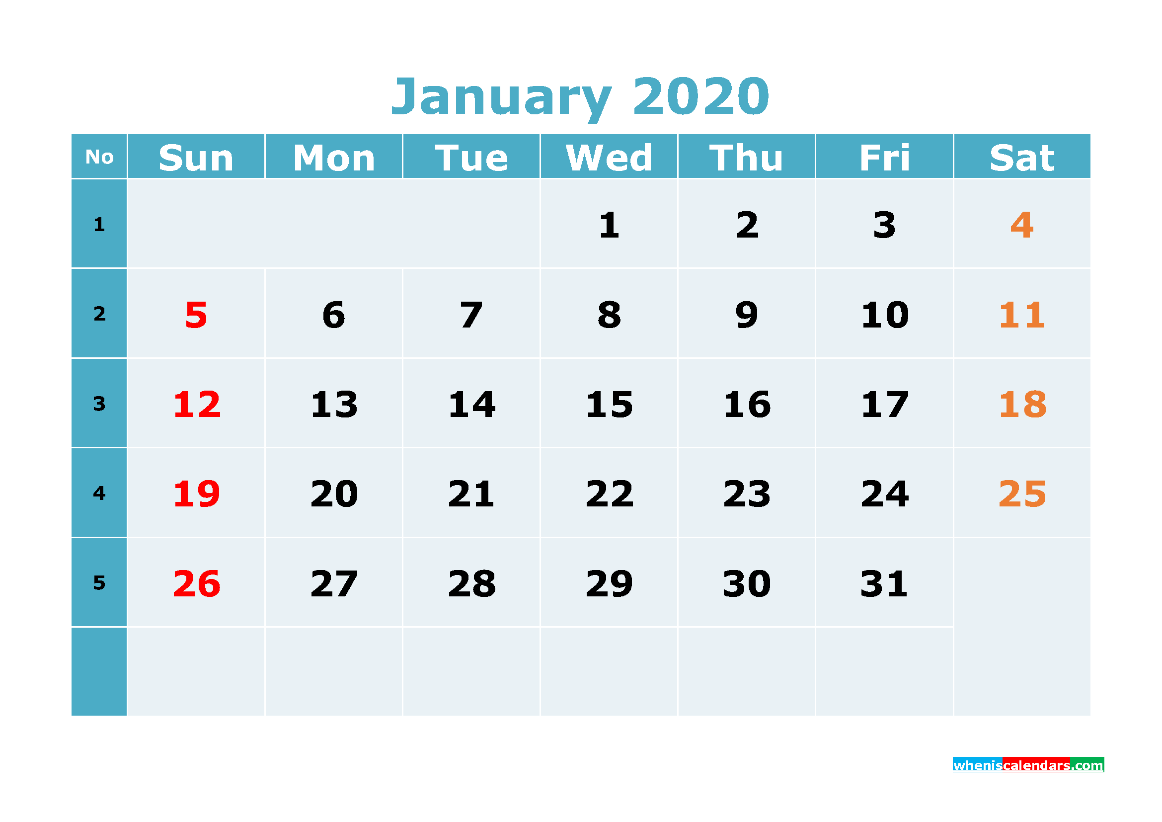Free Printable January 2020 Calendar Template Word