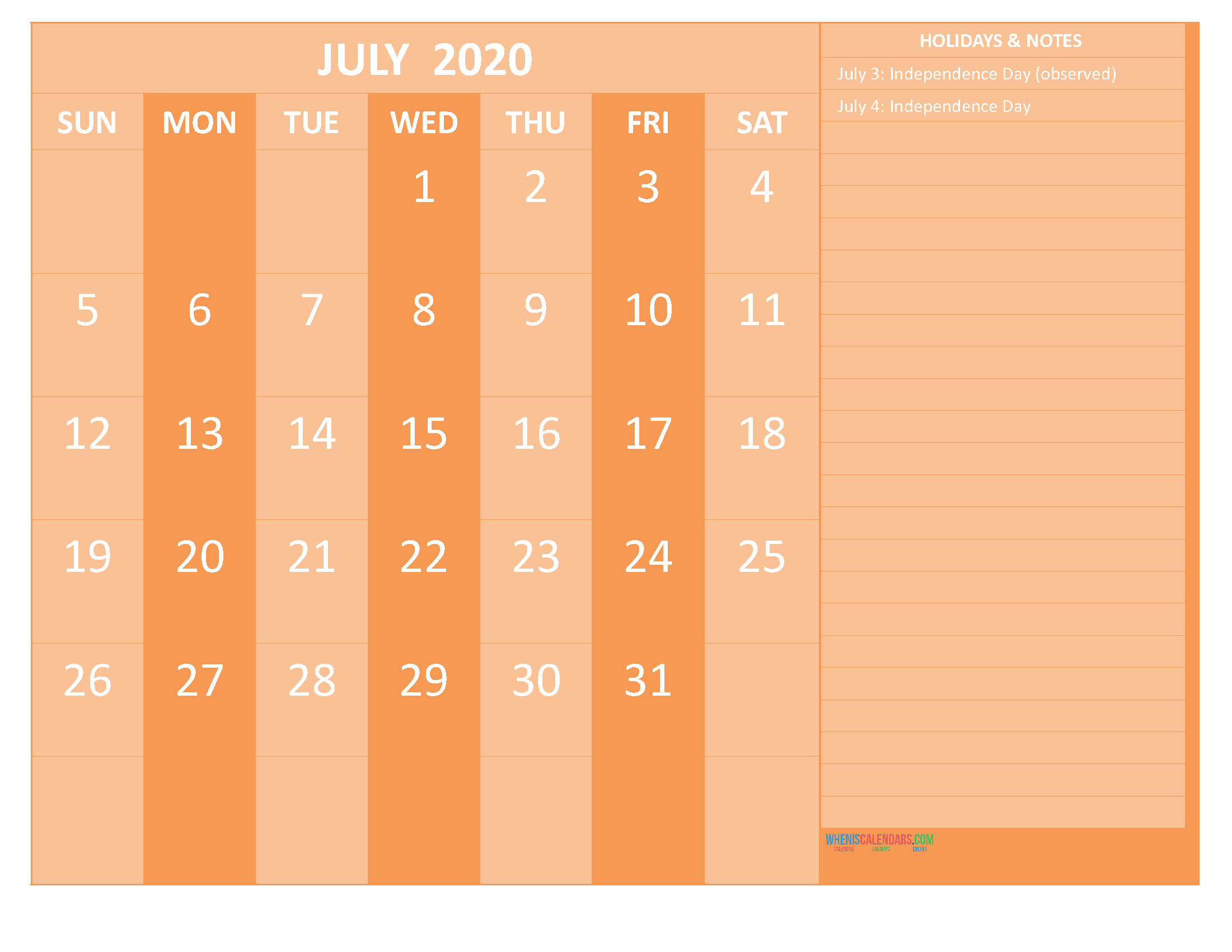 July 2020 Calendar with Holidays Free Printable by Word