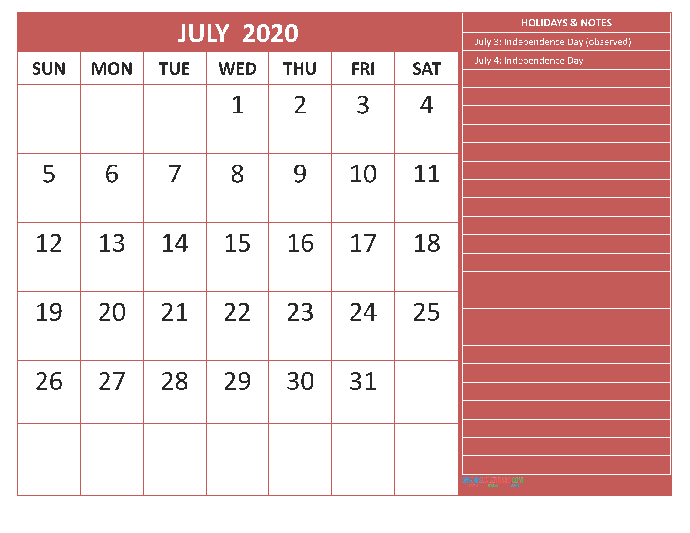 Free July 2020 Monthly Calendar Template Word