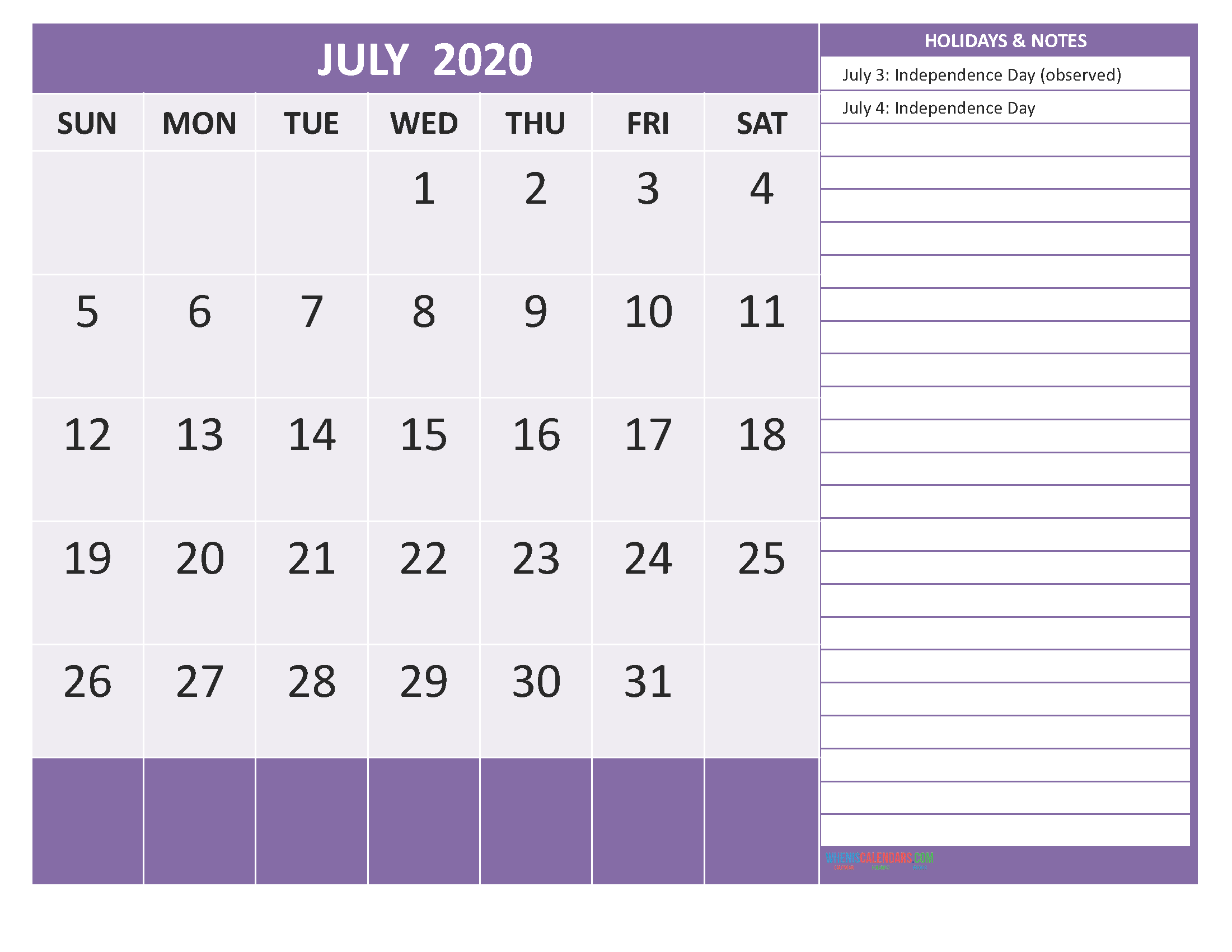 July 2020 Calendar with Holidays Word, PDF