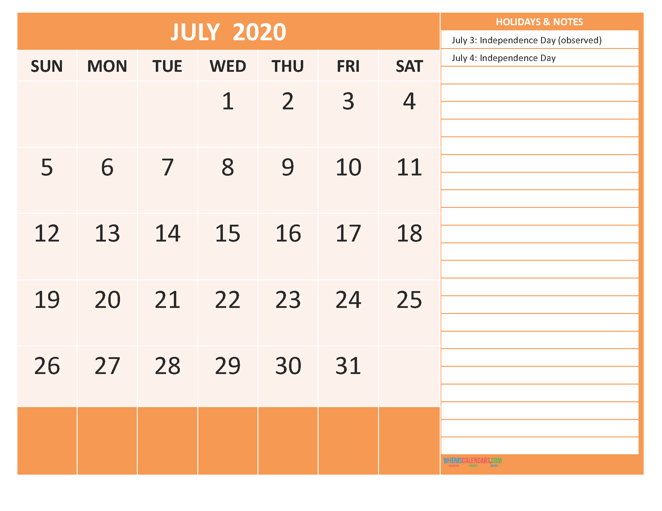 July 2020 Calendar with Holidays Free Printable